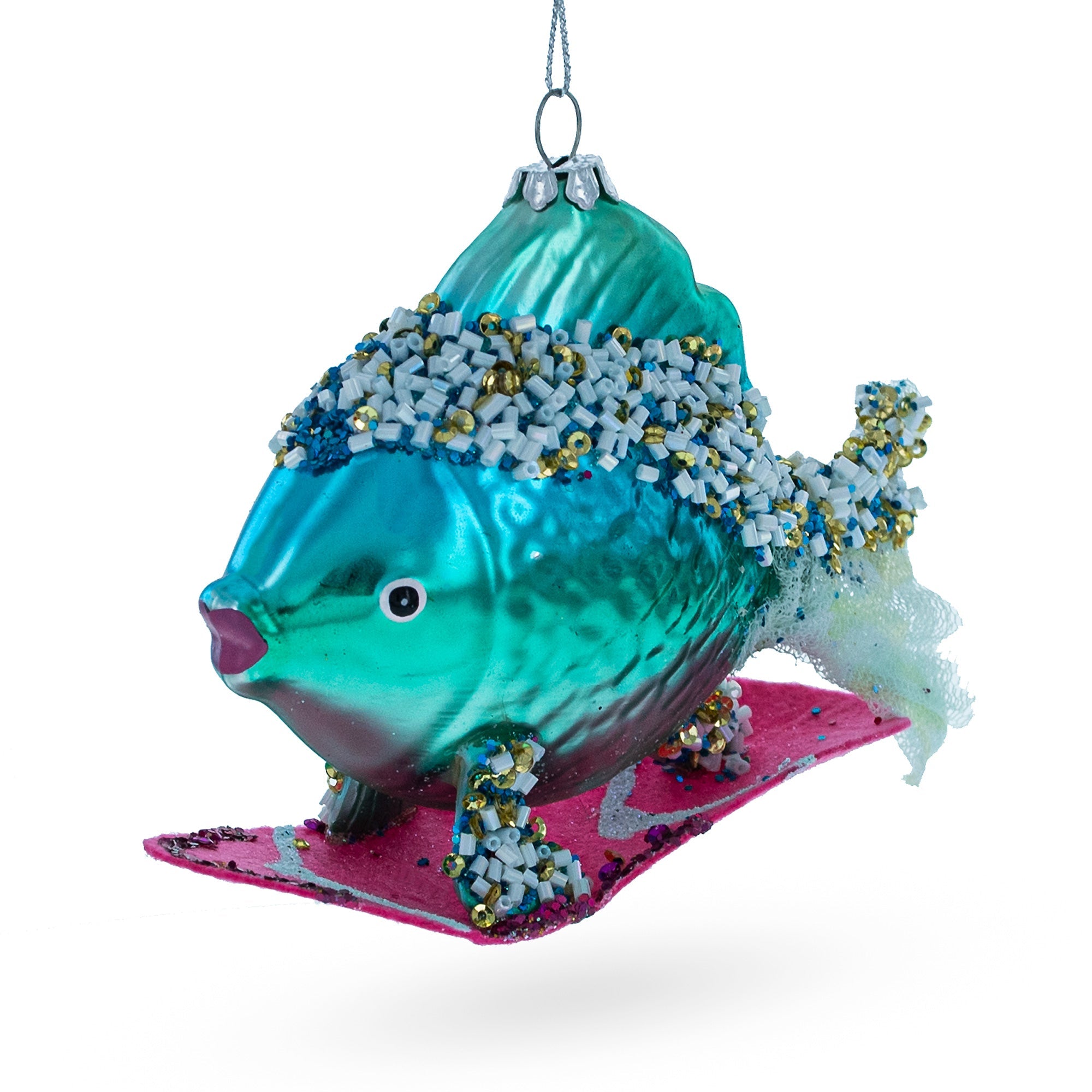 Cool Blue Fish Surfing Wave - Blown Glass Christmas Ornament