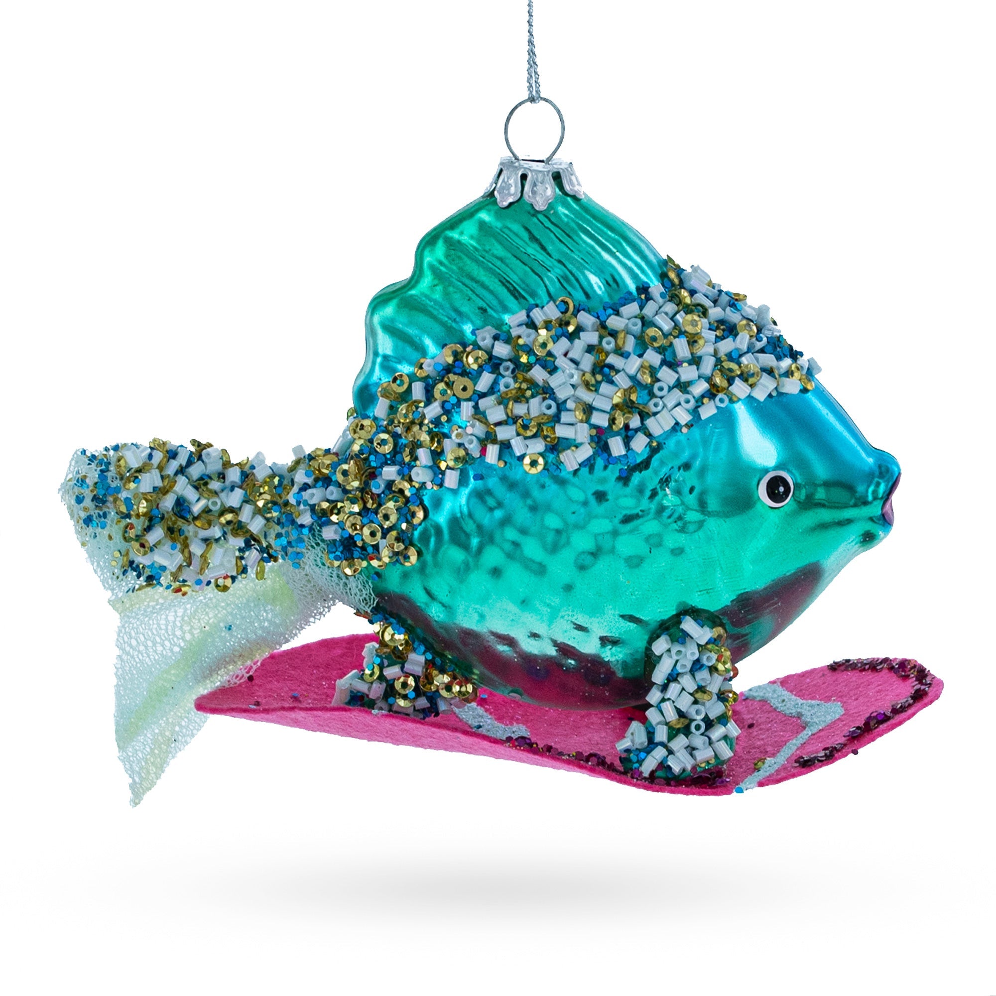 Cool Blue Fish Surfing Wave - Blown Glass Christmas Ornament