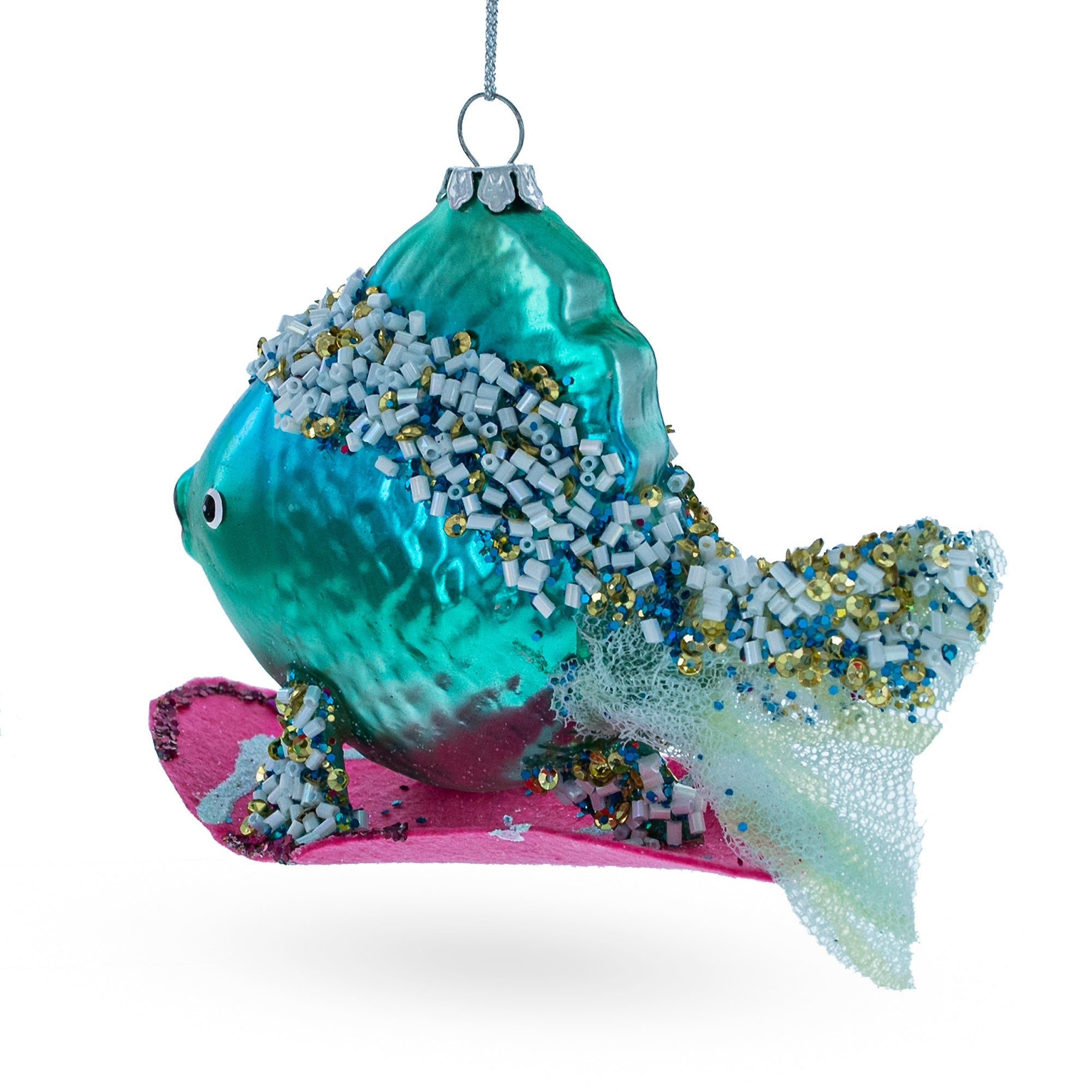 Cool Blue Fish Surfing Wave - Blown Glass Christmas Ornament