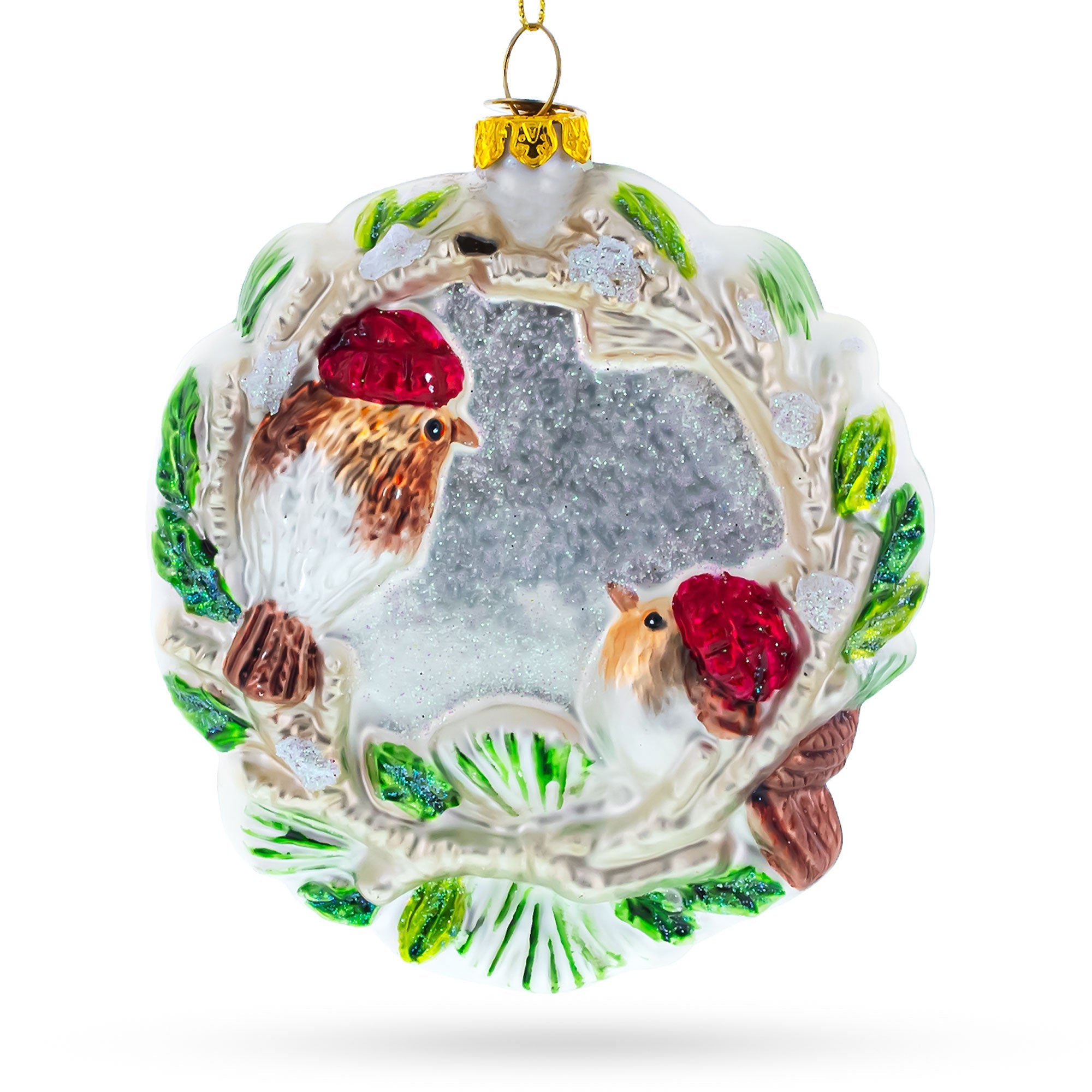 Birds On A Wreath - Blown Glass Christmas Ornament