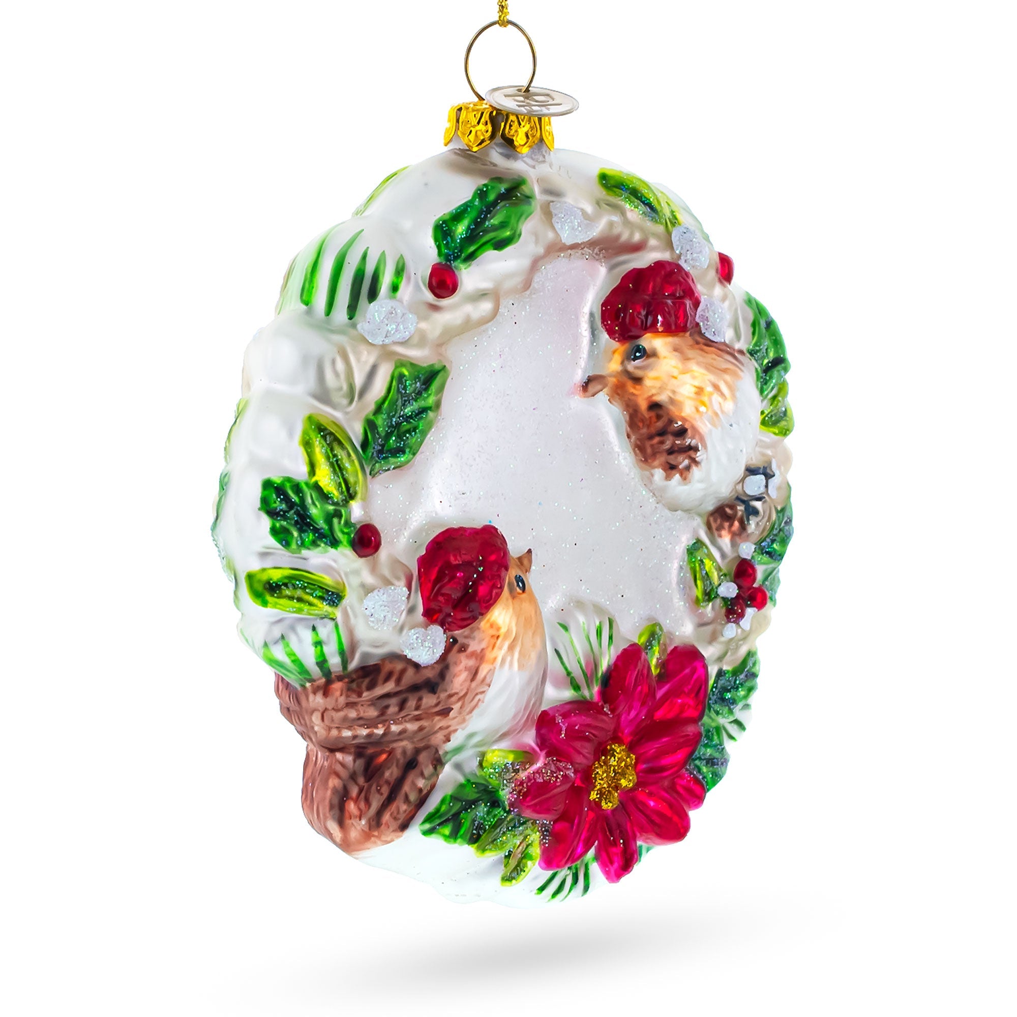 Birds On A Wreath - Blown Glass Christmas Ornament