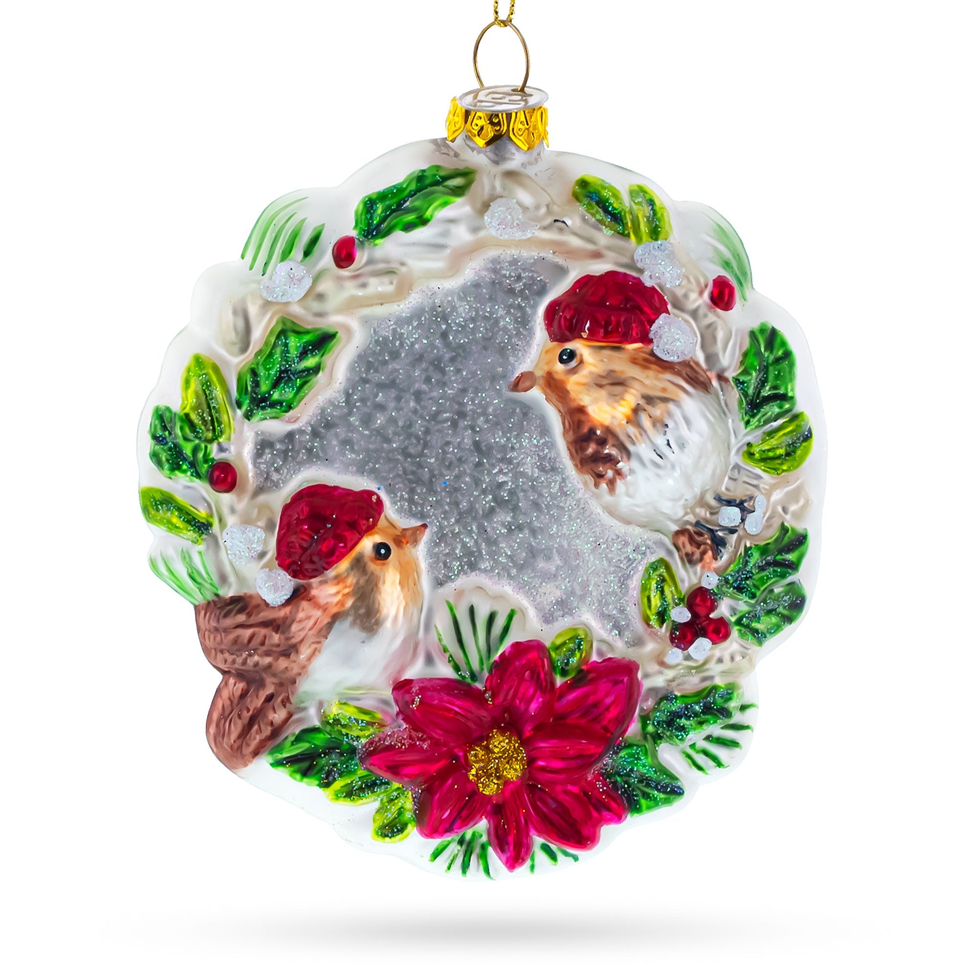 Birds On A Wreath - Blown Glass Christmas Ornament