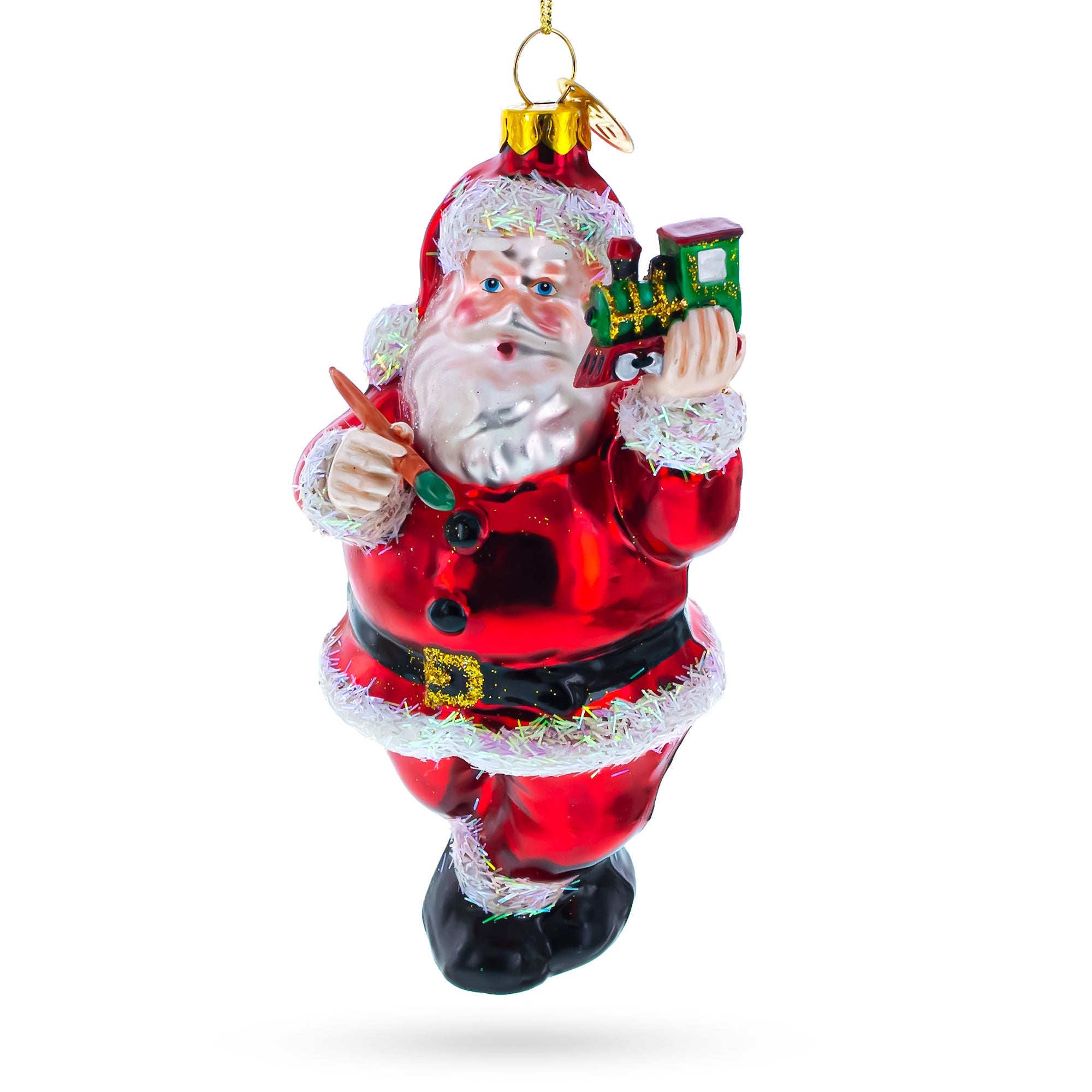 Santa Decorating The Train - Blown Glass Christmas Ornament