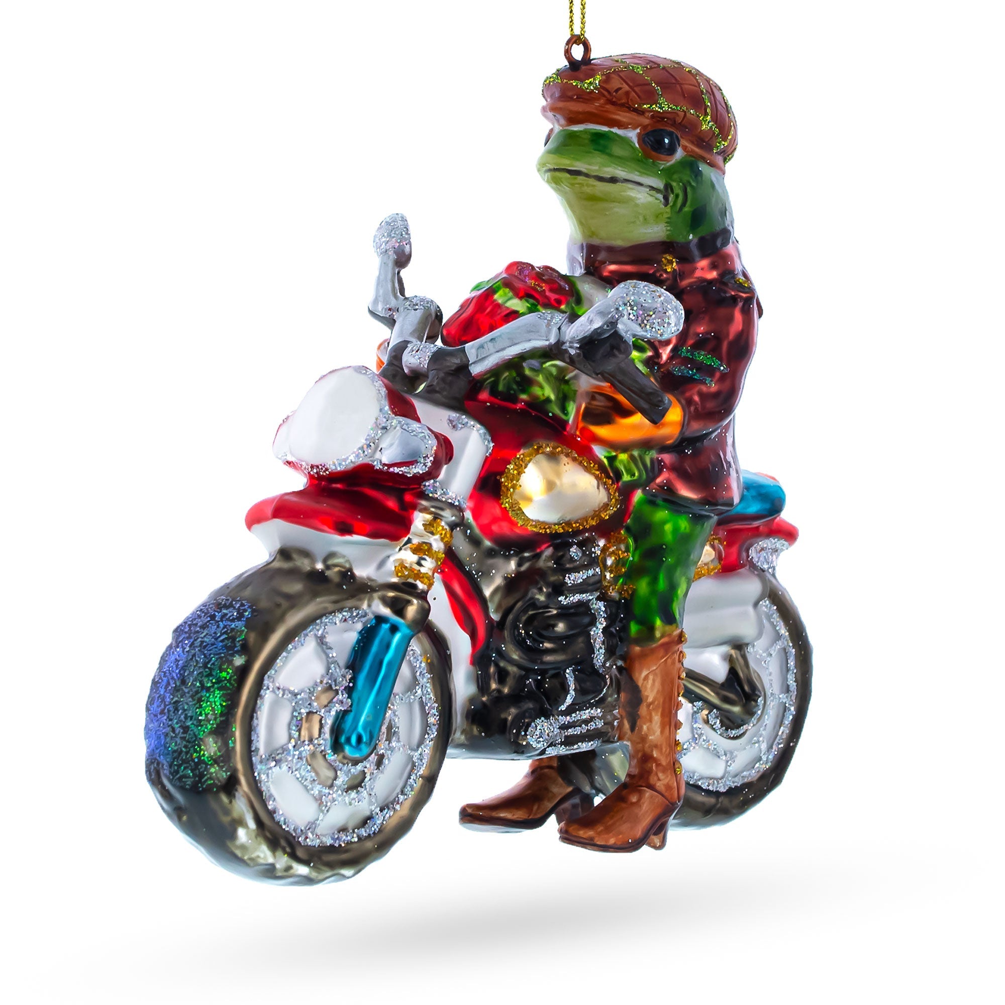 Fashionable Frog Riding Motorcycle - Blown Glass Christmas Ornament