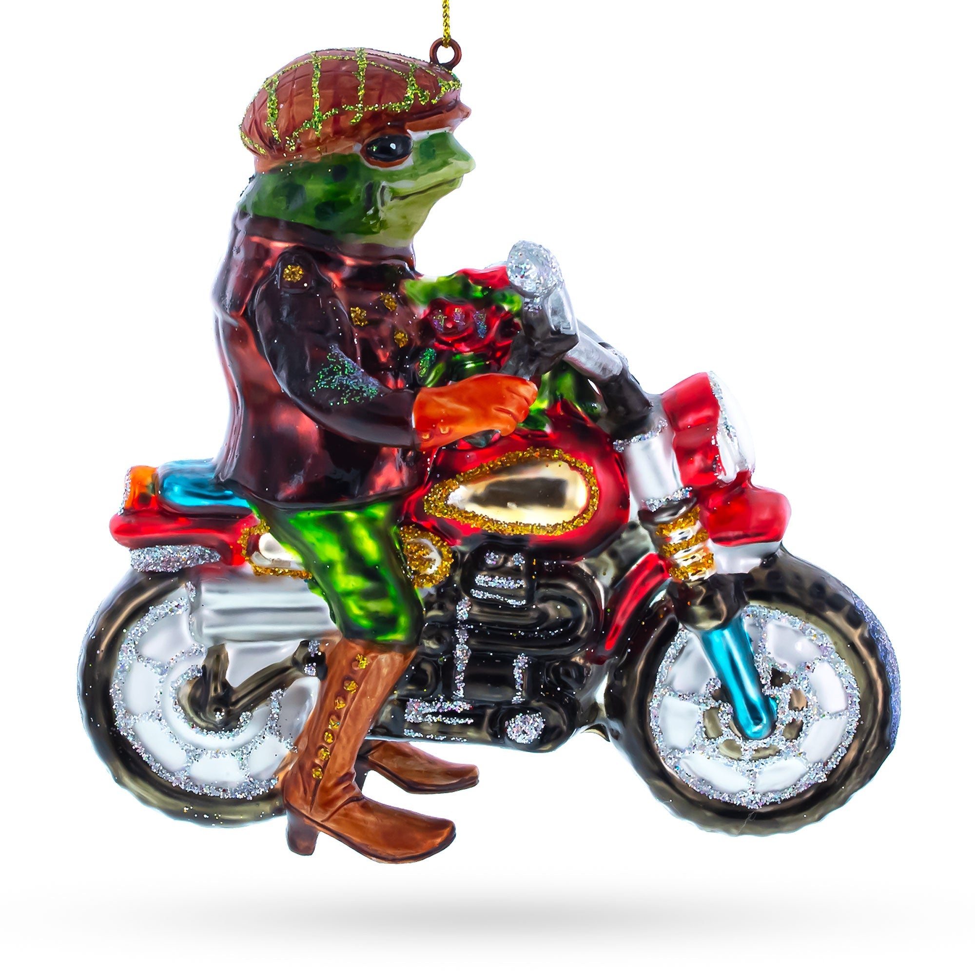 Fashionable Frog Riding Motorcycle - Blown Glass Christmas Ornament