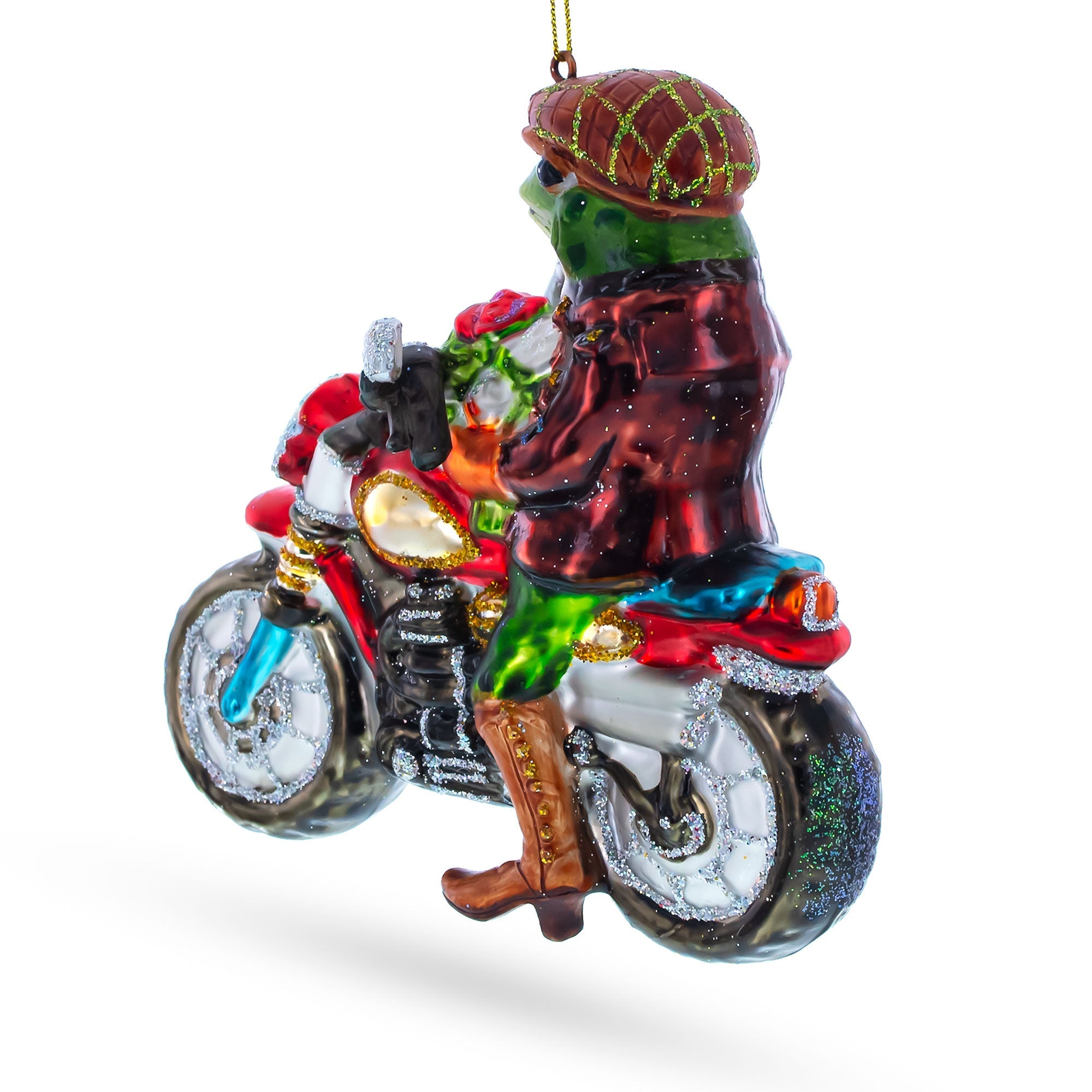 Fashionable Frog Riding Motorcycle - Blown Glass Christmas Ornament