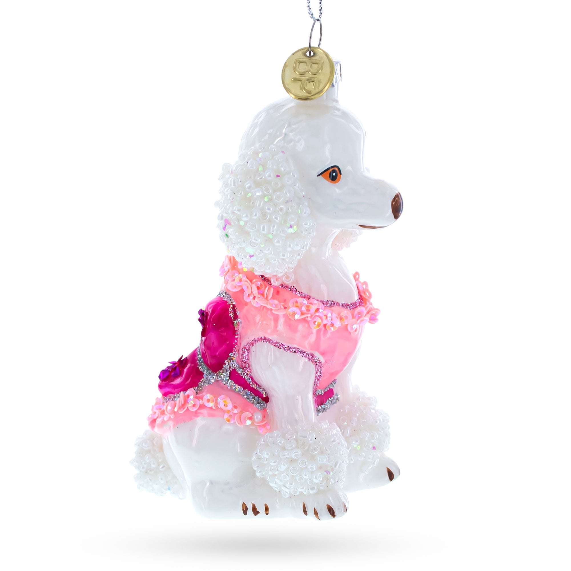 Poodle In Pink Costume Blown Glass Christmas Ornament