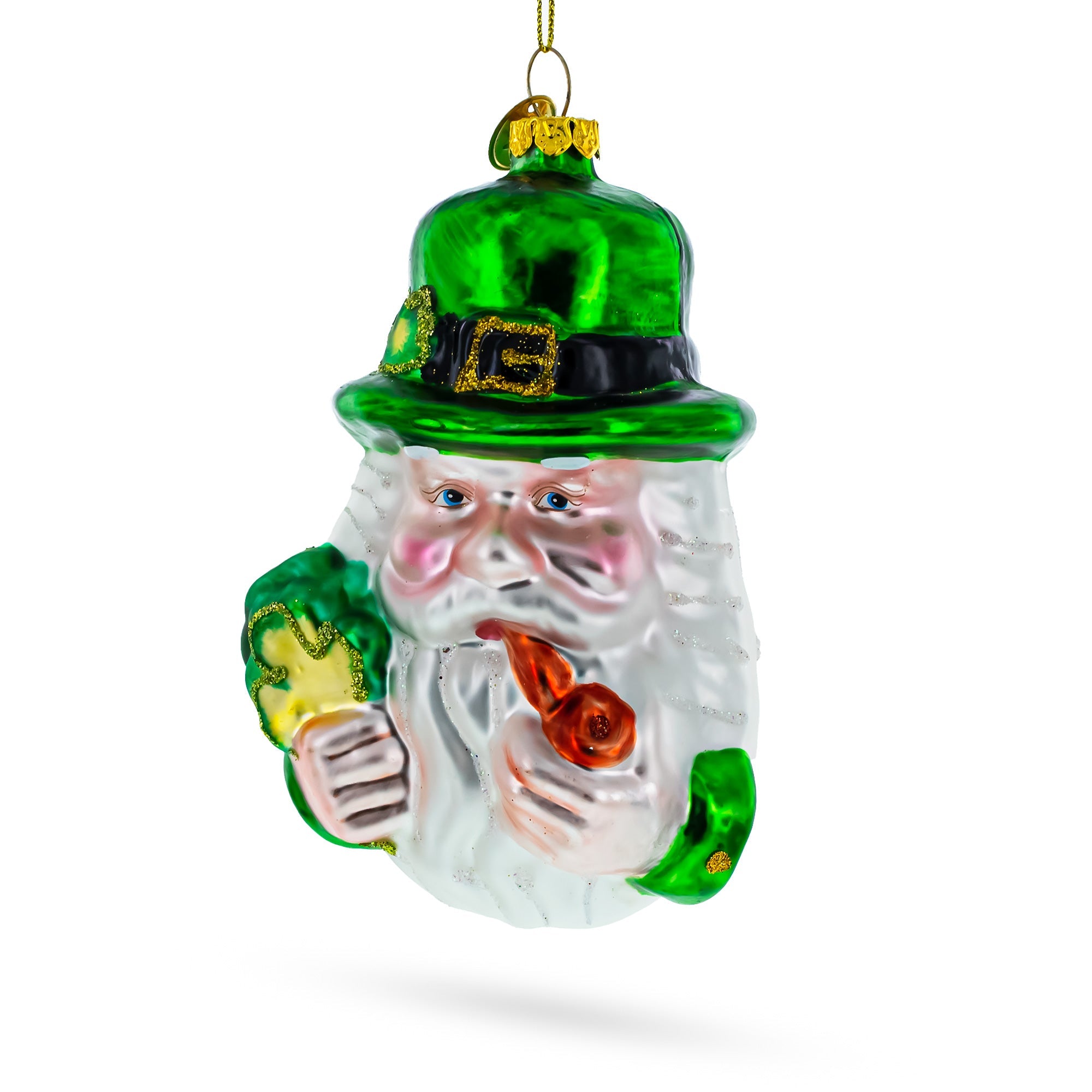 Irish Santa Holding A Pipe With Green Hat - Exquisite Blown Glass Christmas Ornament