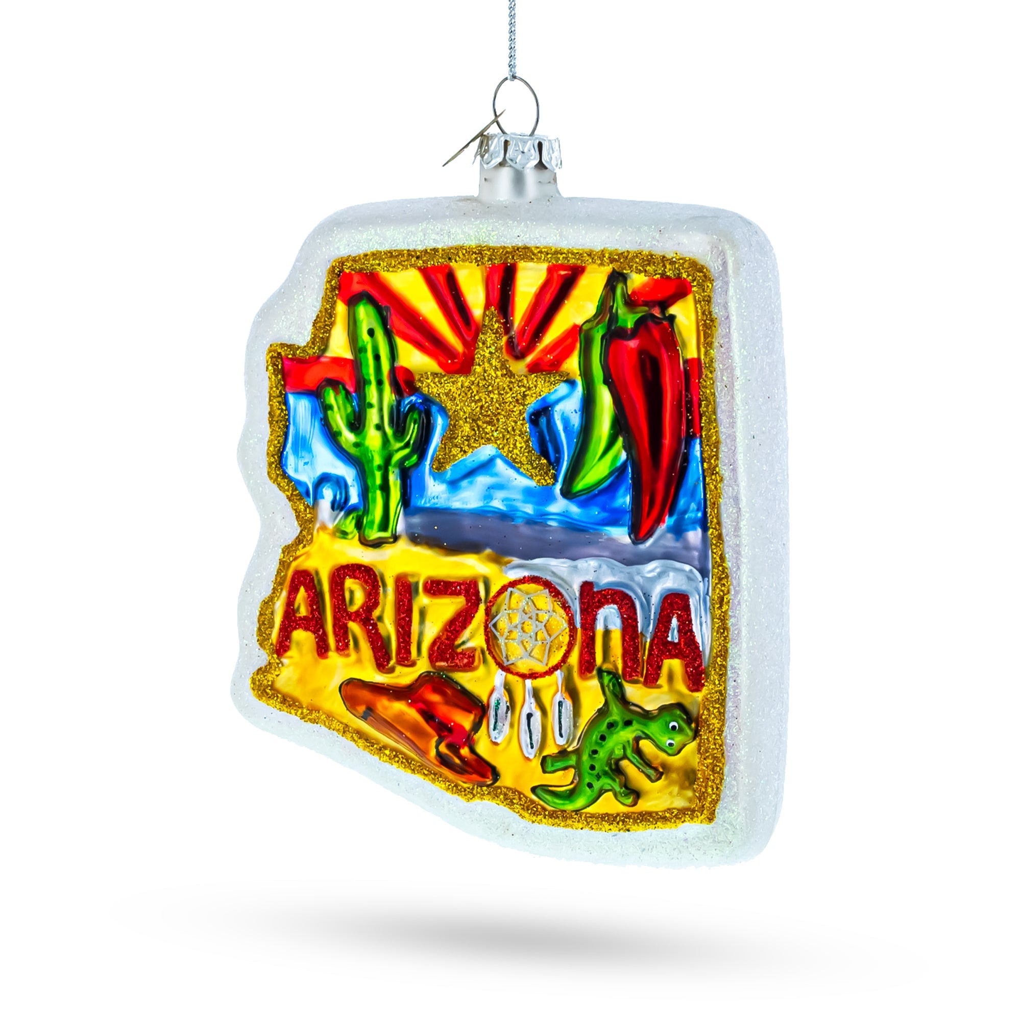 Arizona State Map And Symbols - Blown Glass Christmas Ornament