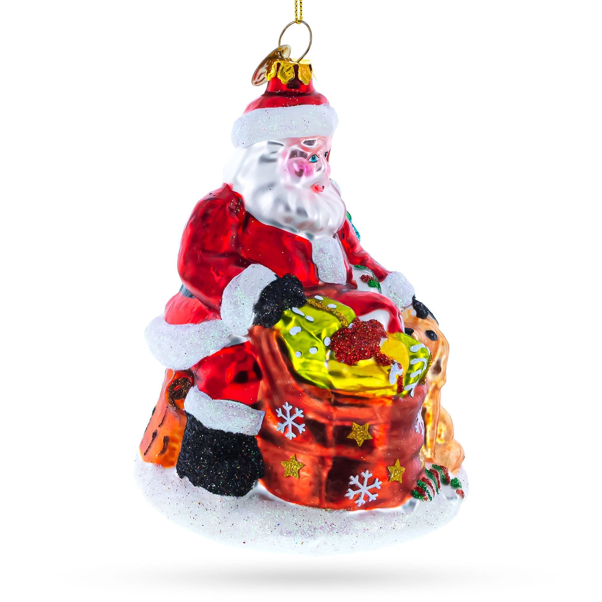 Heartwarming Santa With Golden Retriever - Blown Glass Christmas Ornament