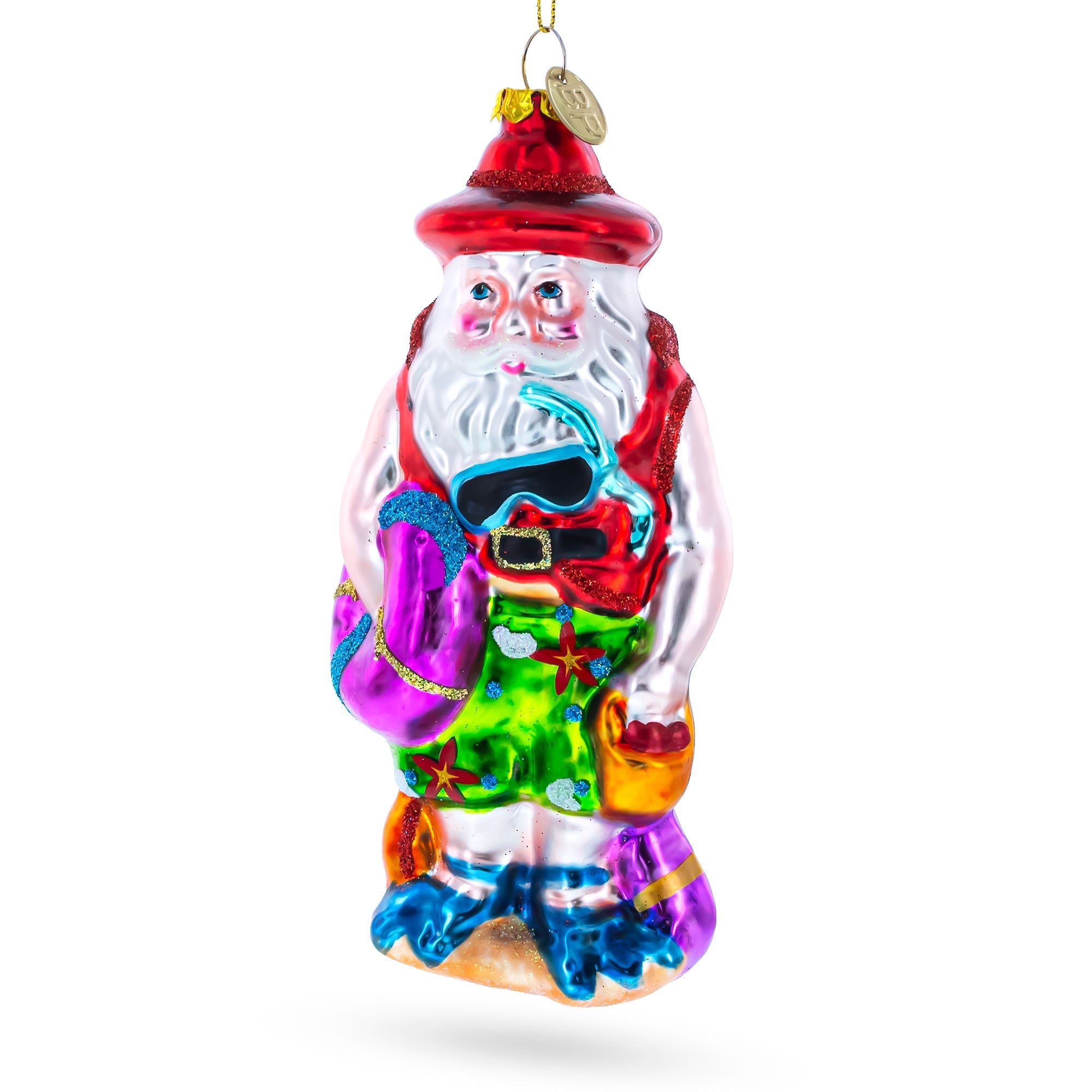 Tropical Diver Santa On The Beach - Blown Glass Christmas Ornament