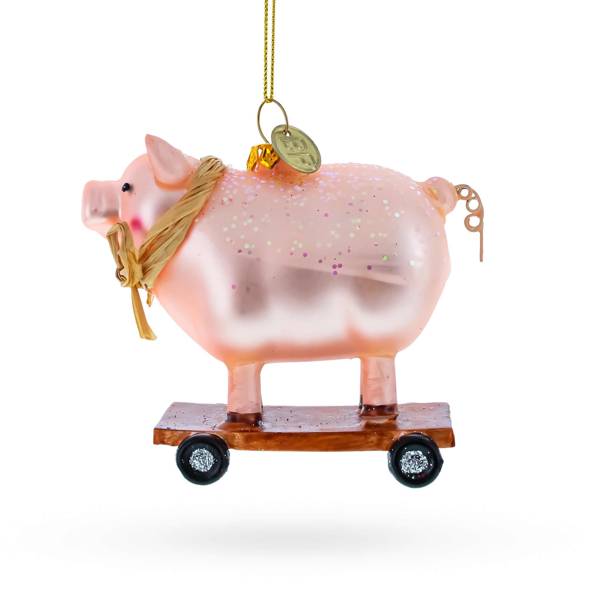 Playful Pig Riding A Skateboard - Blown Glass Christmas Ornament