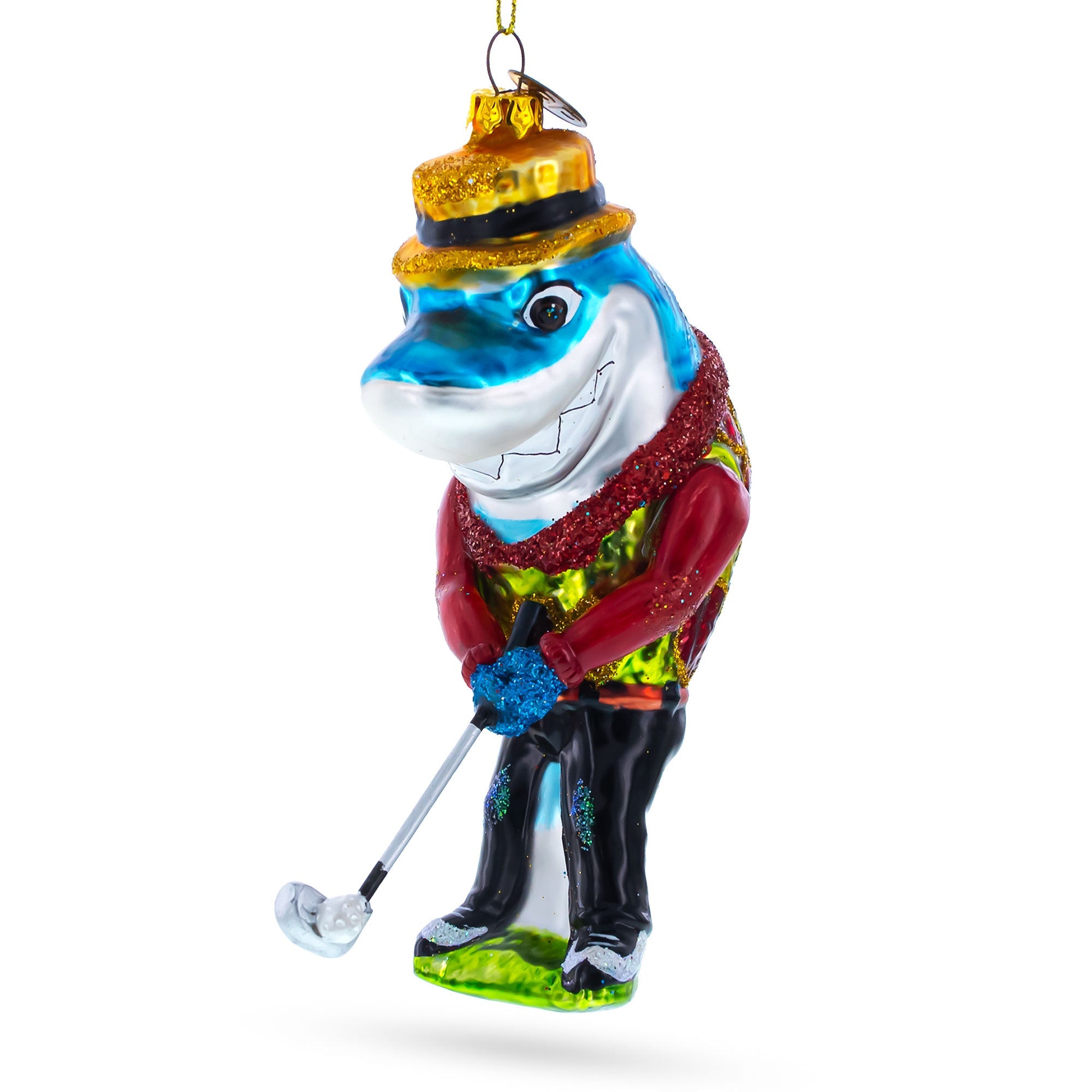 Competitive Shark Playing Golf - Blown Glass Christmas Ornament