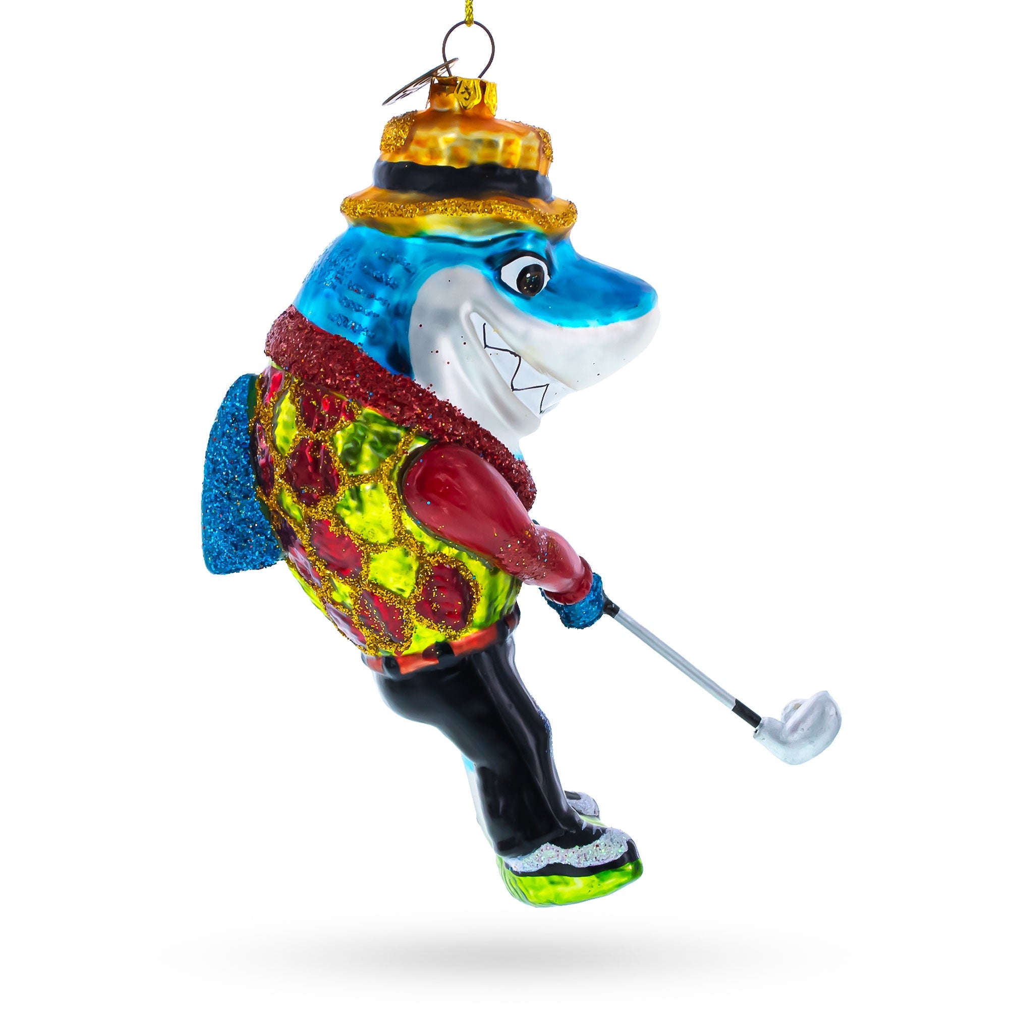 Competitive Shark Playing Golf - Blown Glass Christmas Ornament