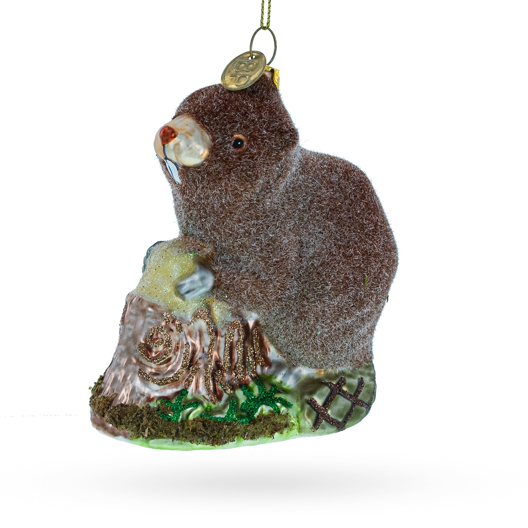 Industrious Beaver Holding A Log - Blown Glass Christmas Ornament