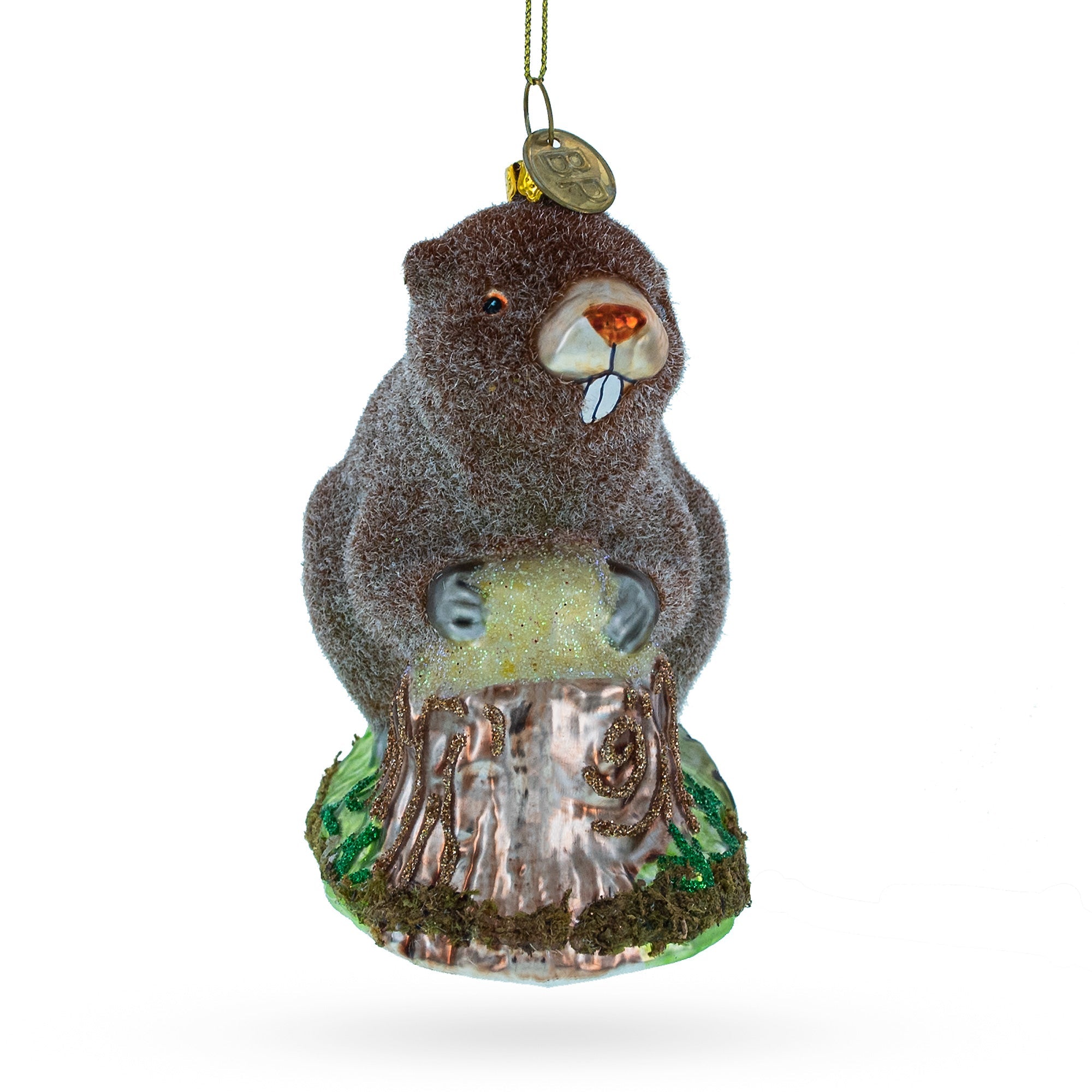 Industrious Beaver Holding A Log - Blown Glass Christmas Ornament