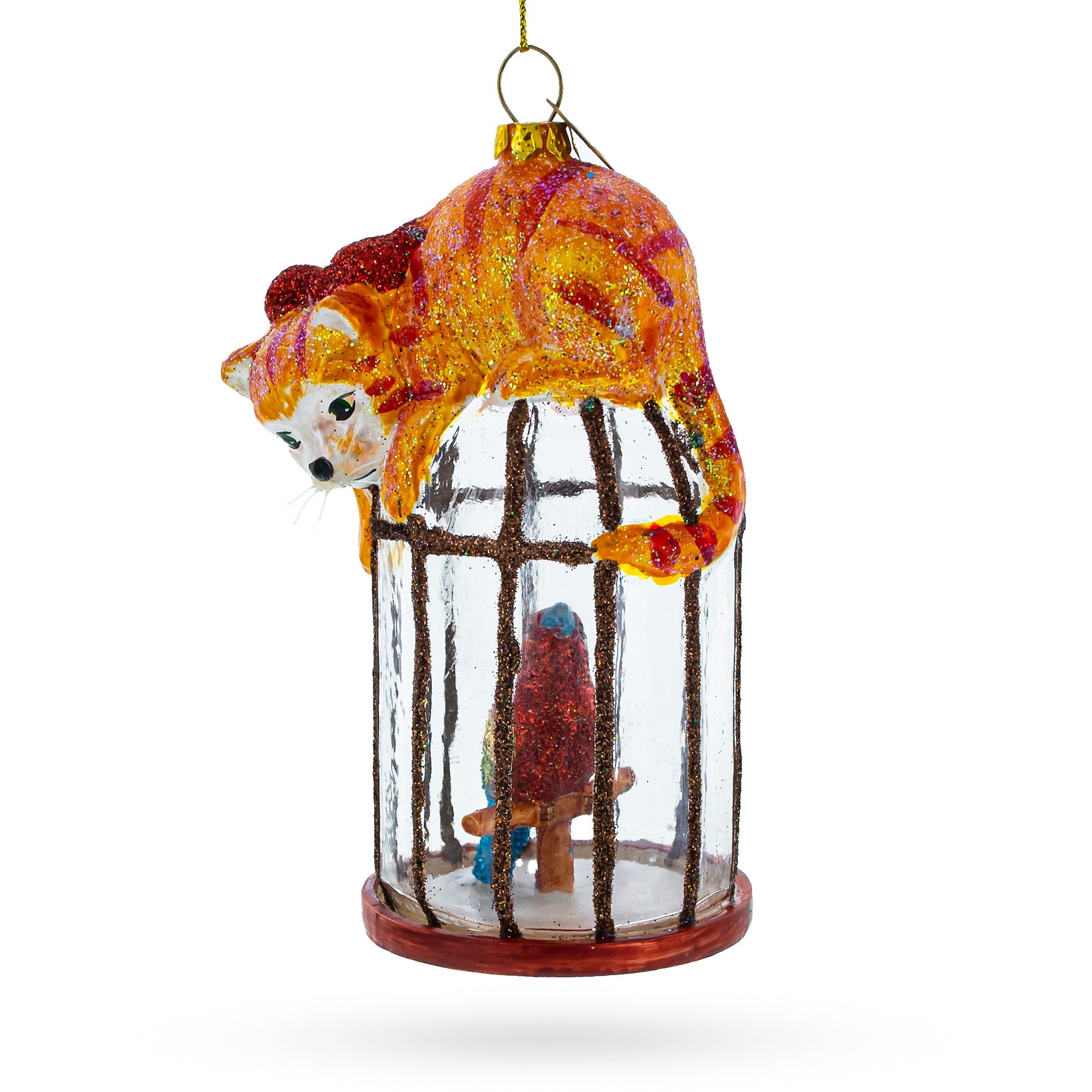 Curious Cat Perched On Parrot Bird Cage - Sparkling Blown Glass Christmas Ornament