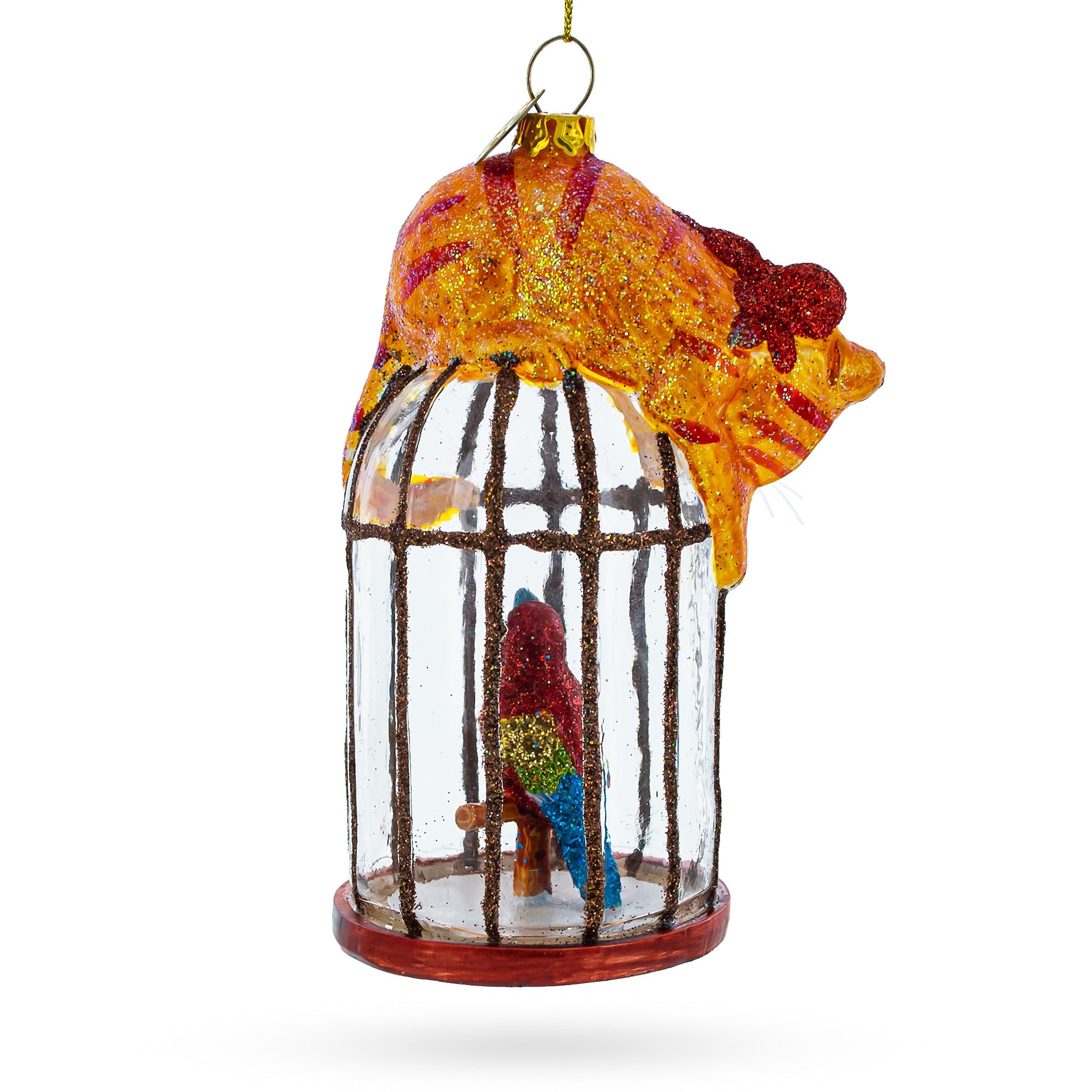 Curious Cat Perched On Parrot Bird Cage - Sparkling Blown Glass Christmas Ornament