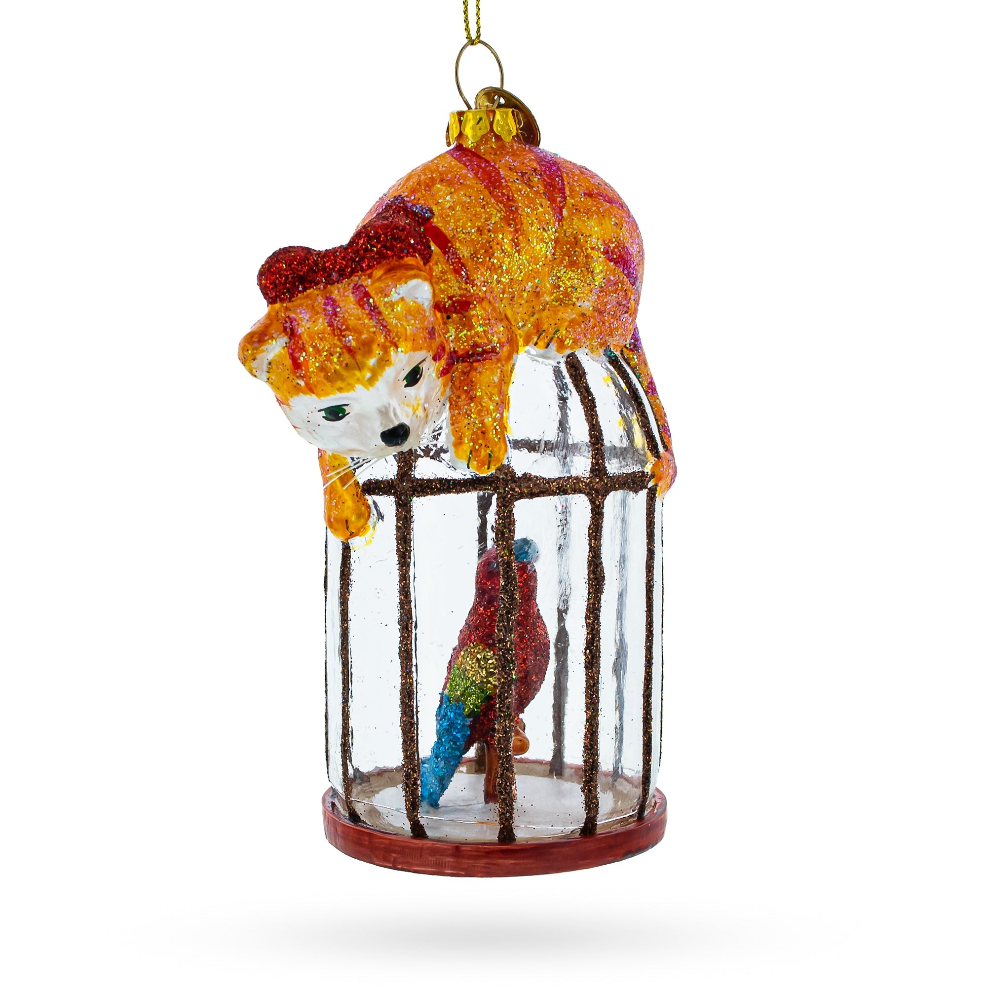 Curious Cat Perched On Parrot Bird Cage - Sparkling Blown Glass Christmas Ornament