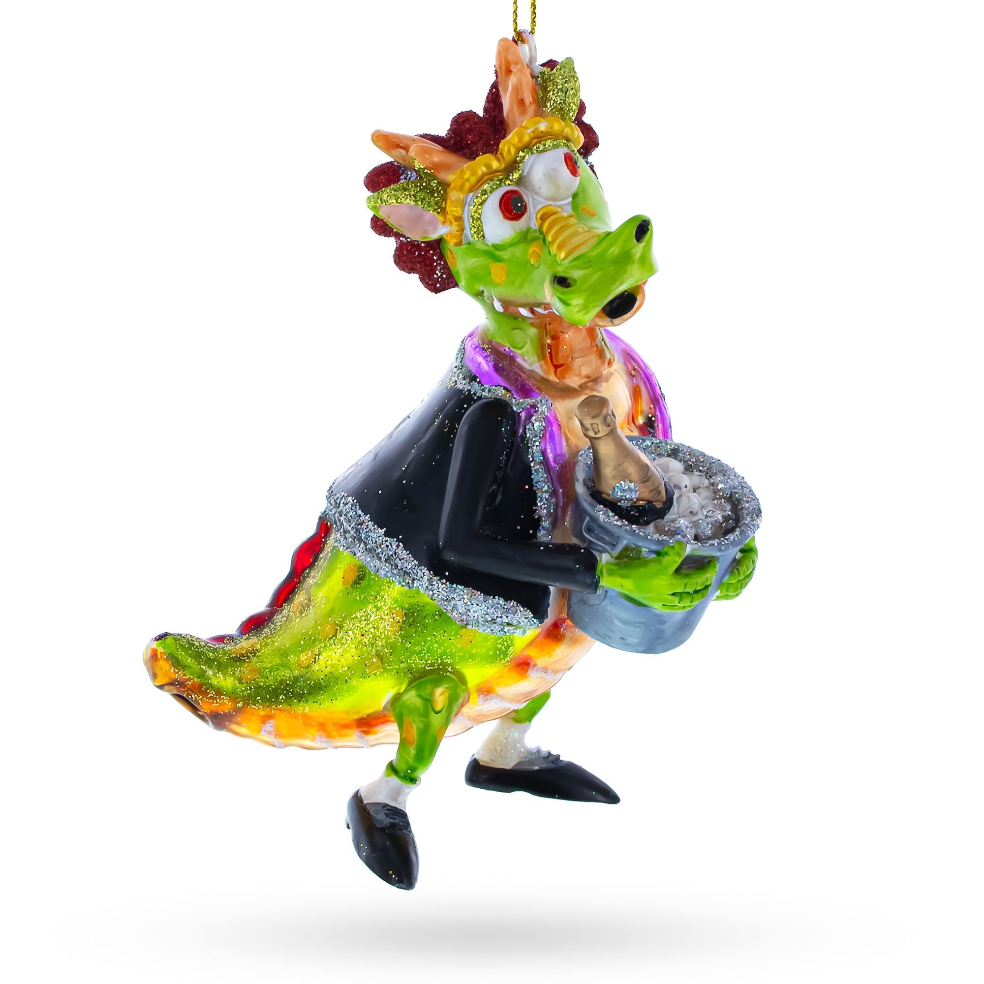 Celebratory Dragon Clutching Champagne - Blown Glass Christmas Ornament