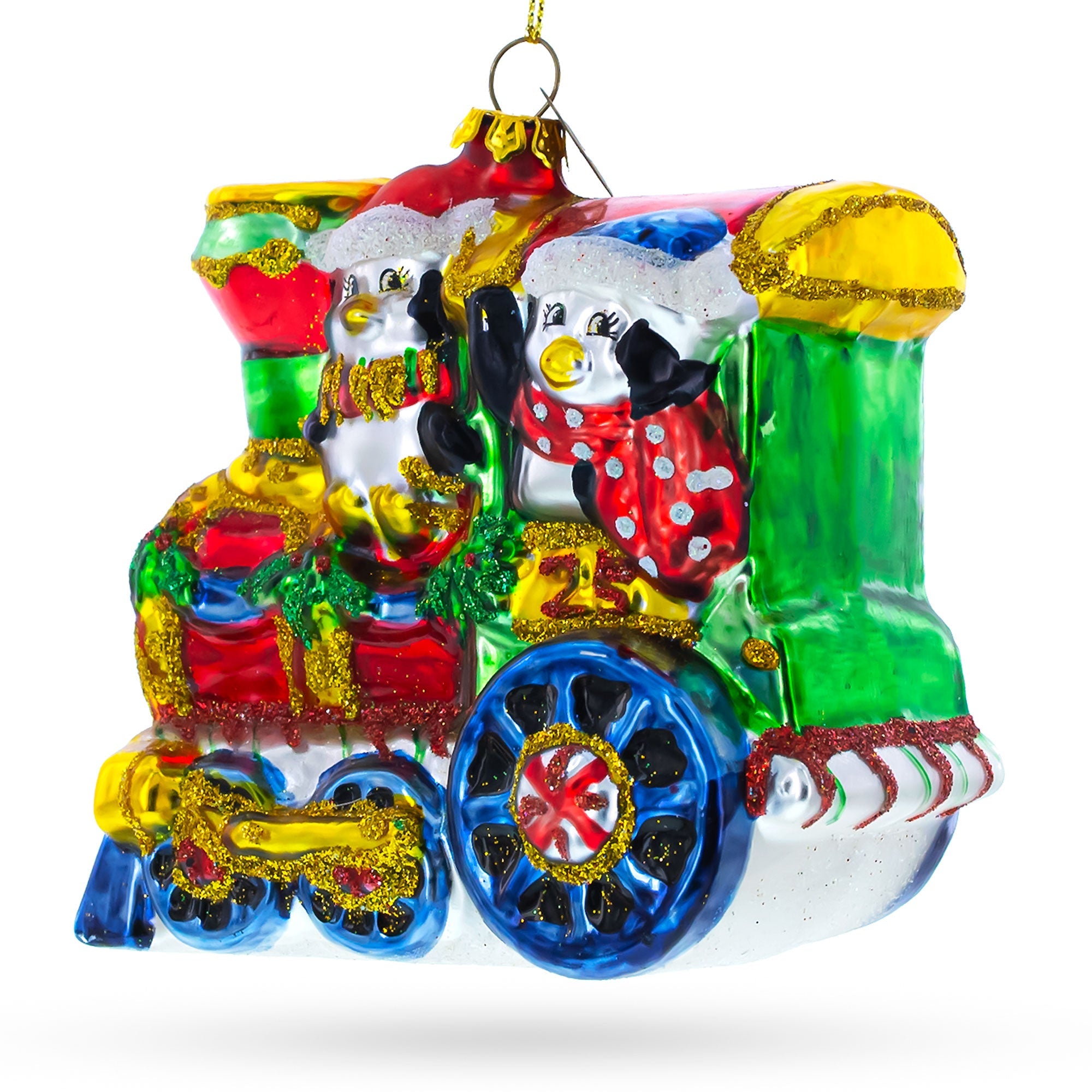 Playful Penguins Riding Train - Blown Glass Christmas Ornament