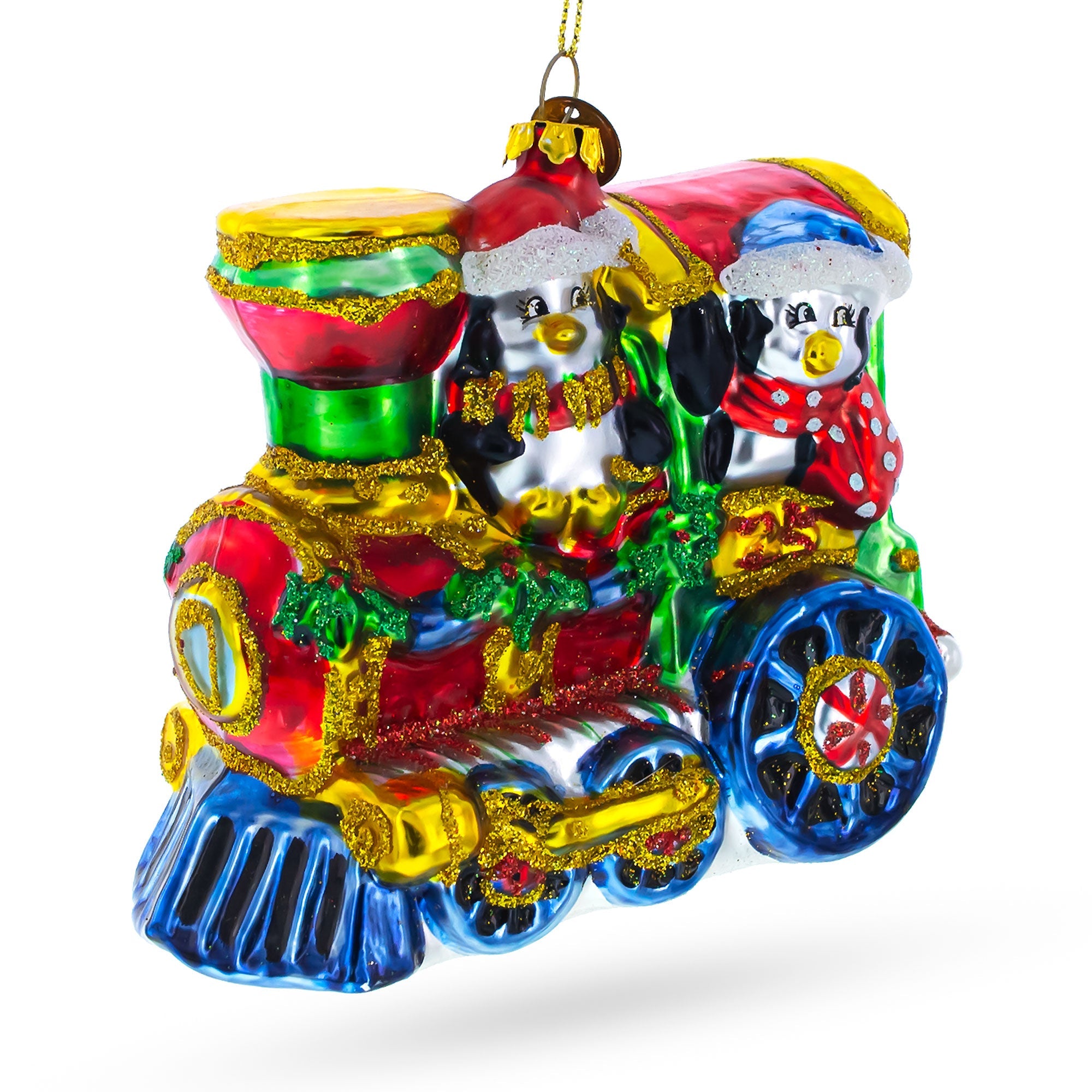 Playful Penguins Riding Train - Blown Glass Christmas Ornament