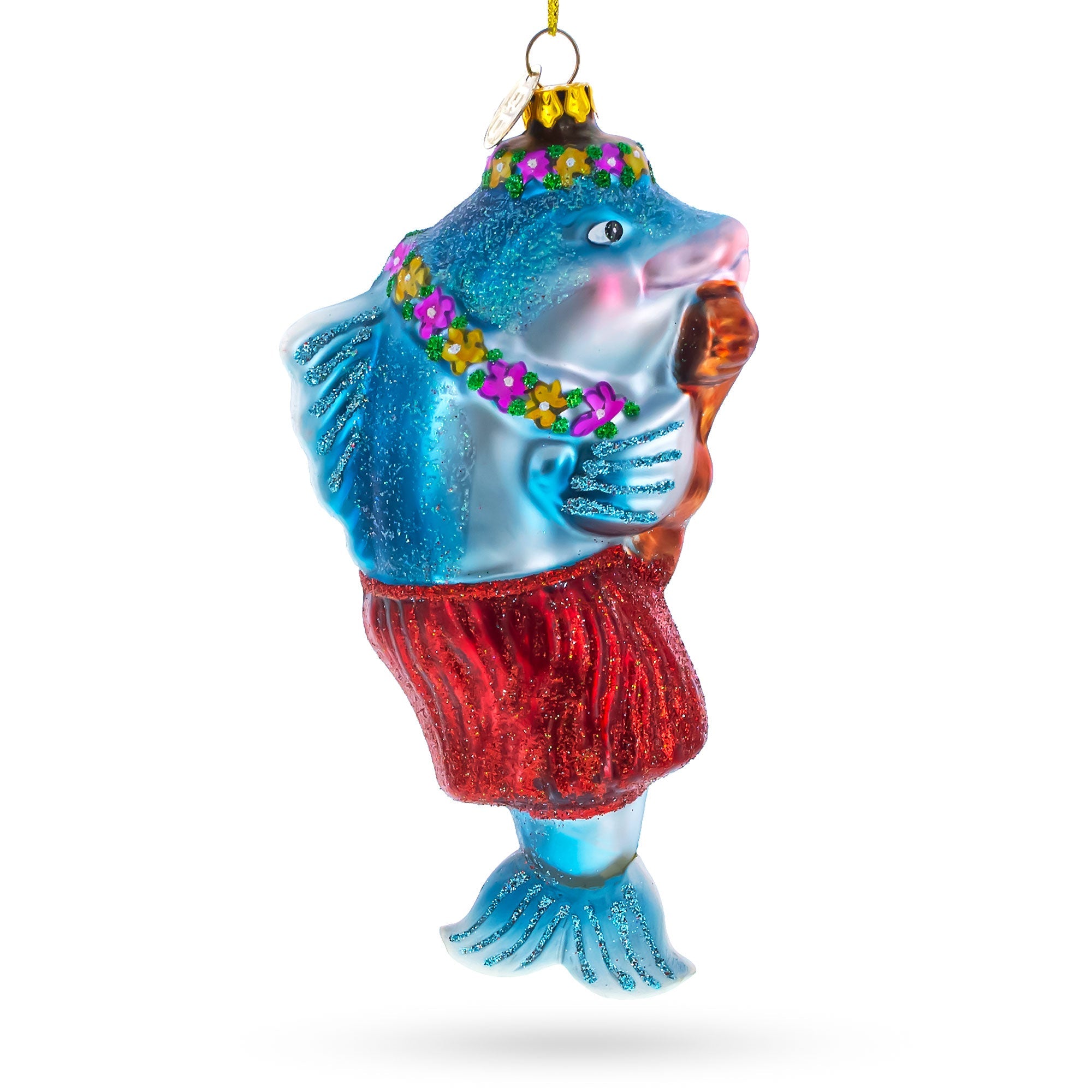 Island Serenade: Dolphin Playing Guitar - Blown Glass Christmas Ornament