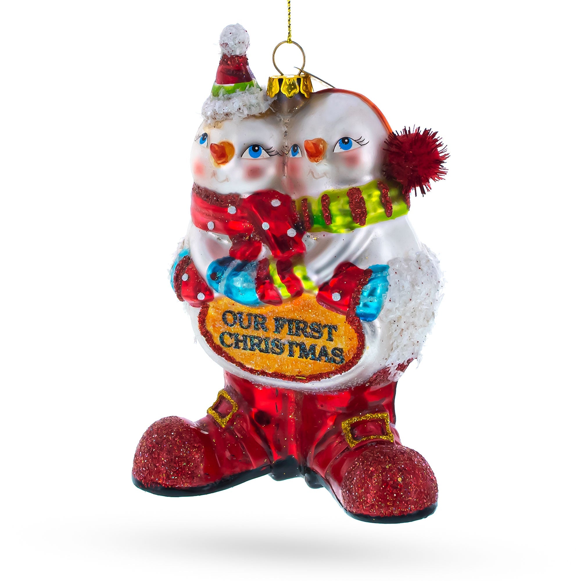 Romantic Snowmen Couple: Our First Christmas - Blown Glass Christmas Ornament