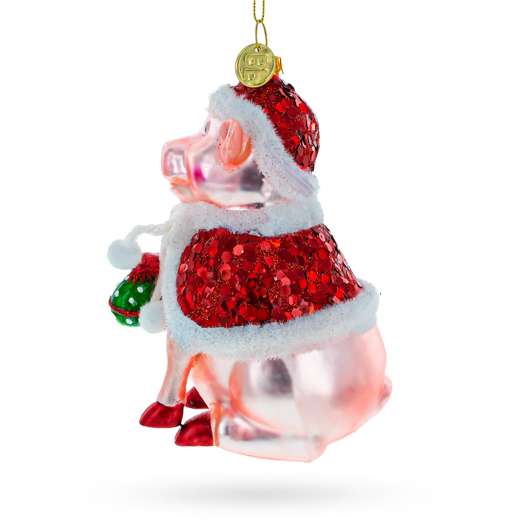 Festive Pig Donning A Santa Hat - Premium Blown Glass Christmas Ornament