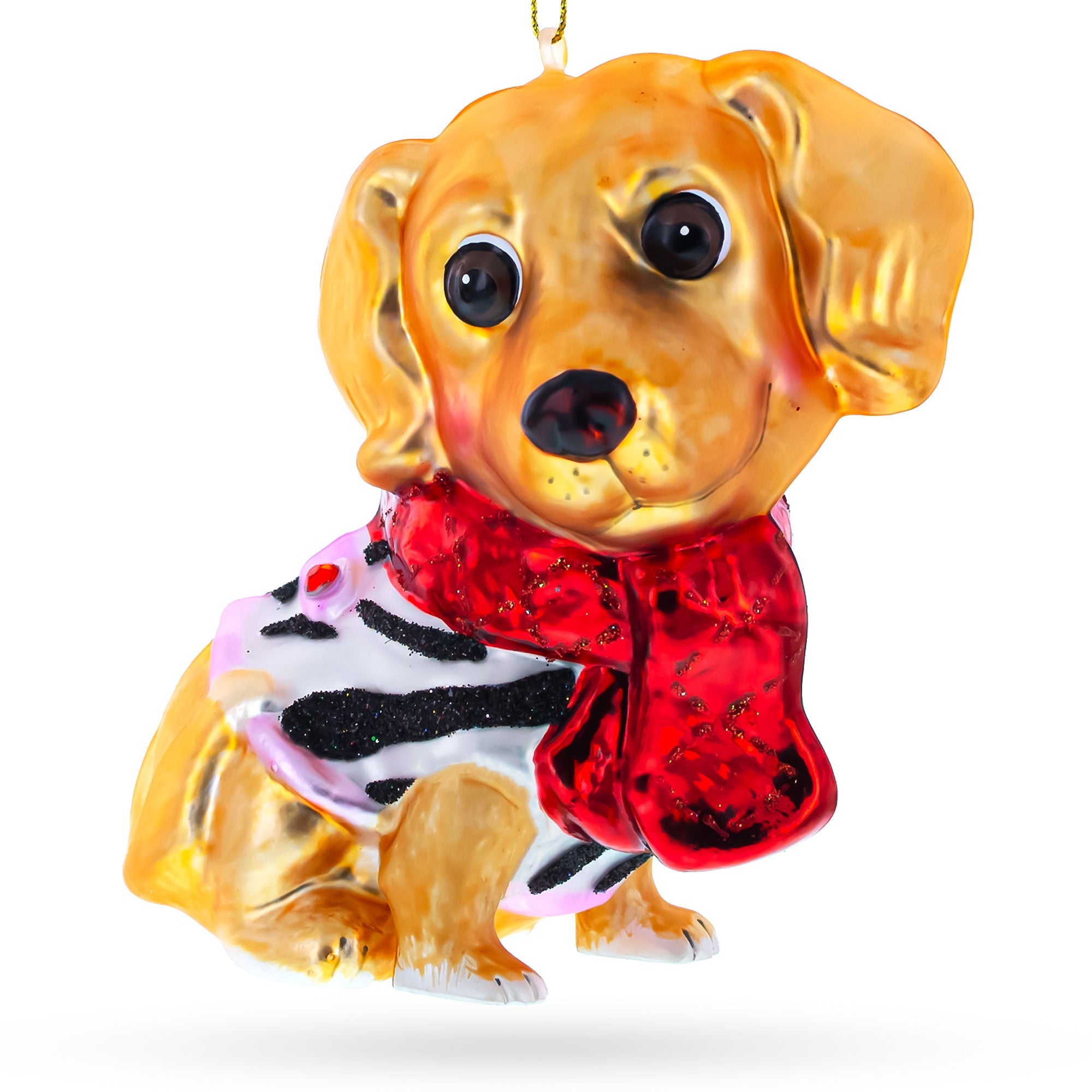 Cute Golden Retriever Puppy In Red Scarf - Blown Glass Christmas Ornament