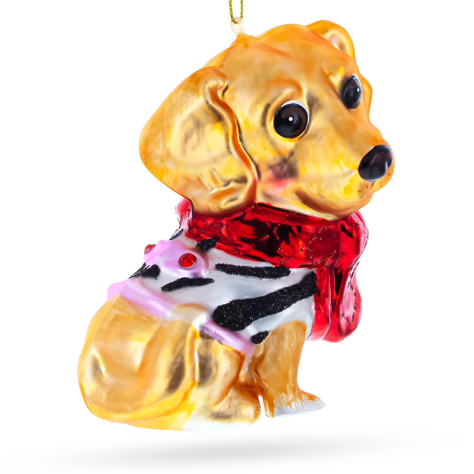 Cute Golden Retriever Puppy In Red Scarf - Blown Glass Christmas Ornament