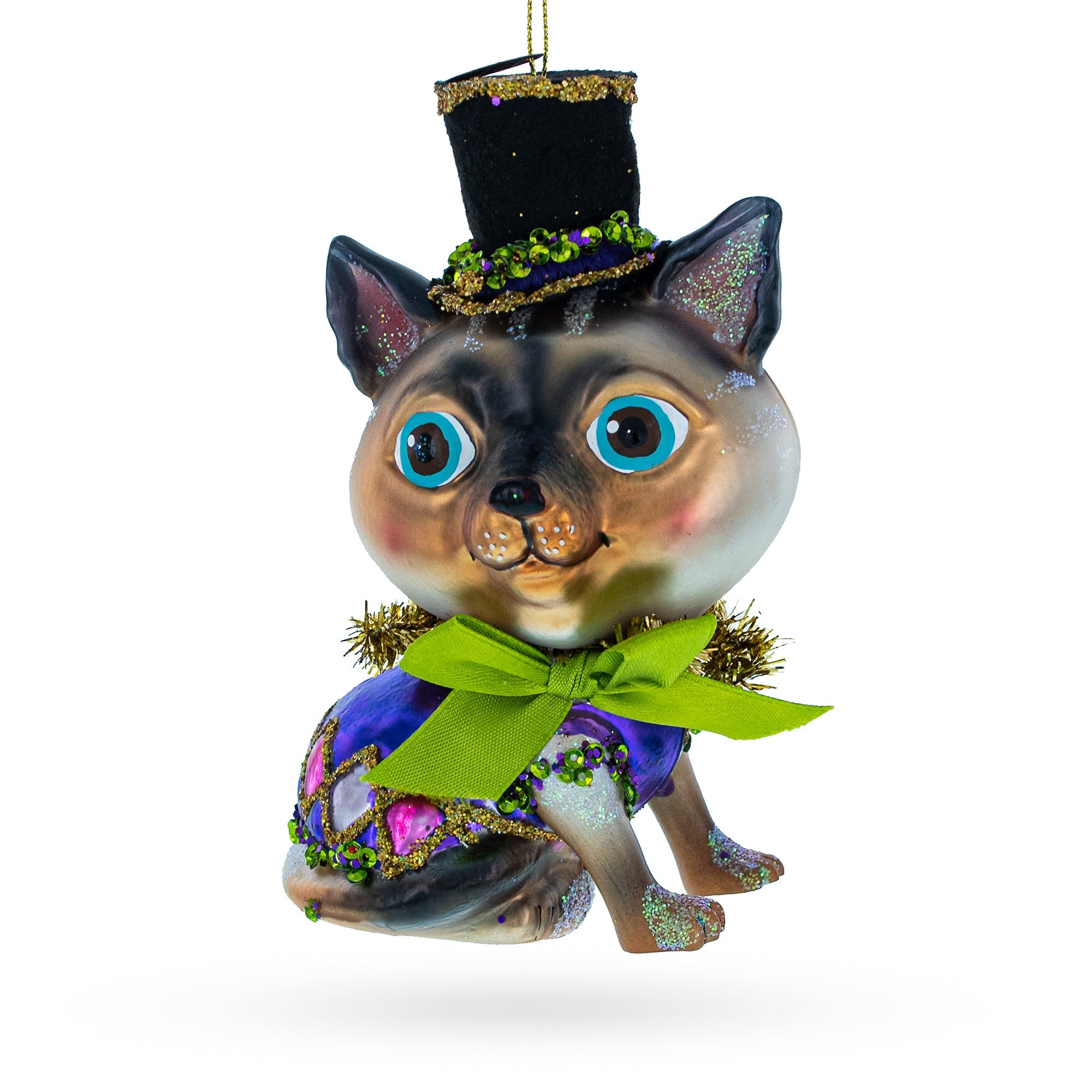 Playful "cat In The Hat" - Blown Glass Christmas Ornament