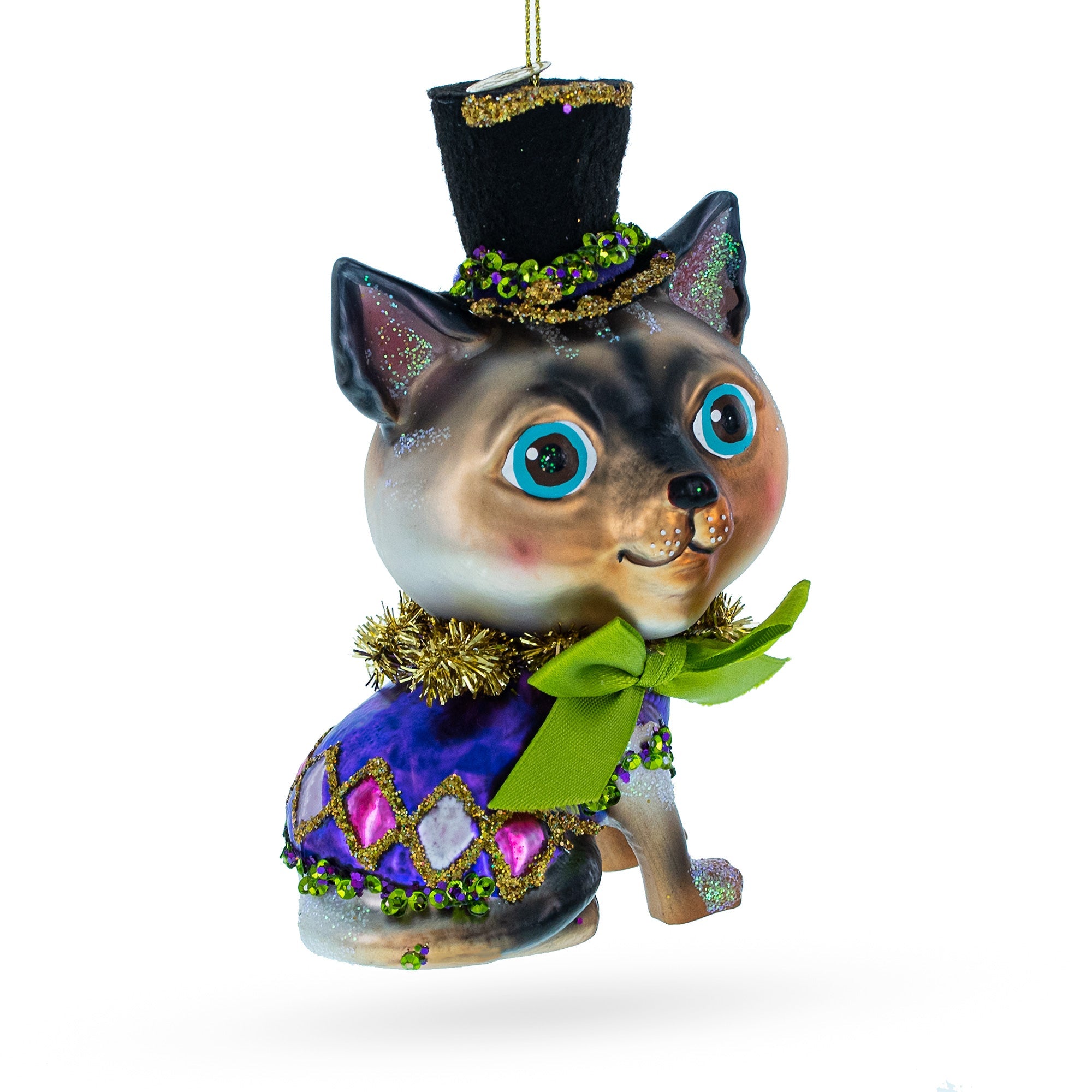 Playful "cat In The Hat" - Blown Glass Christmas Ornament