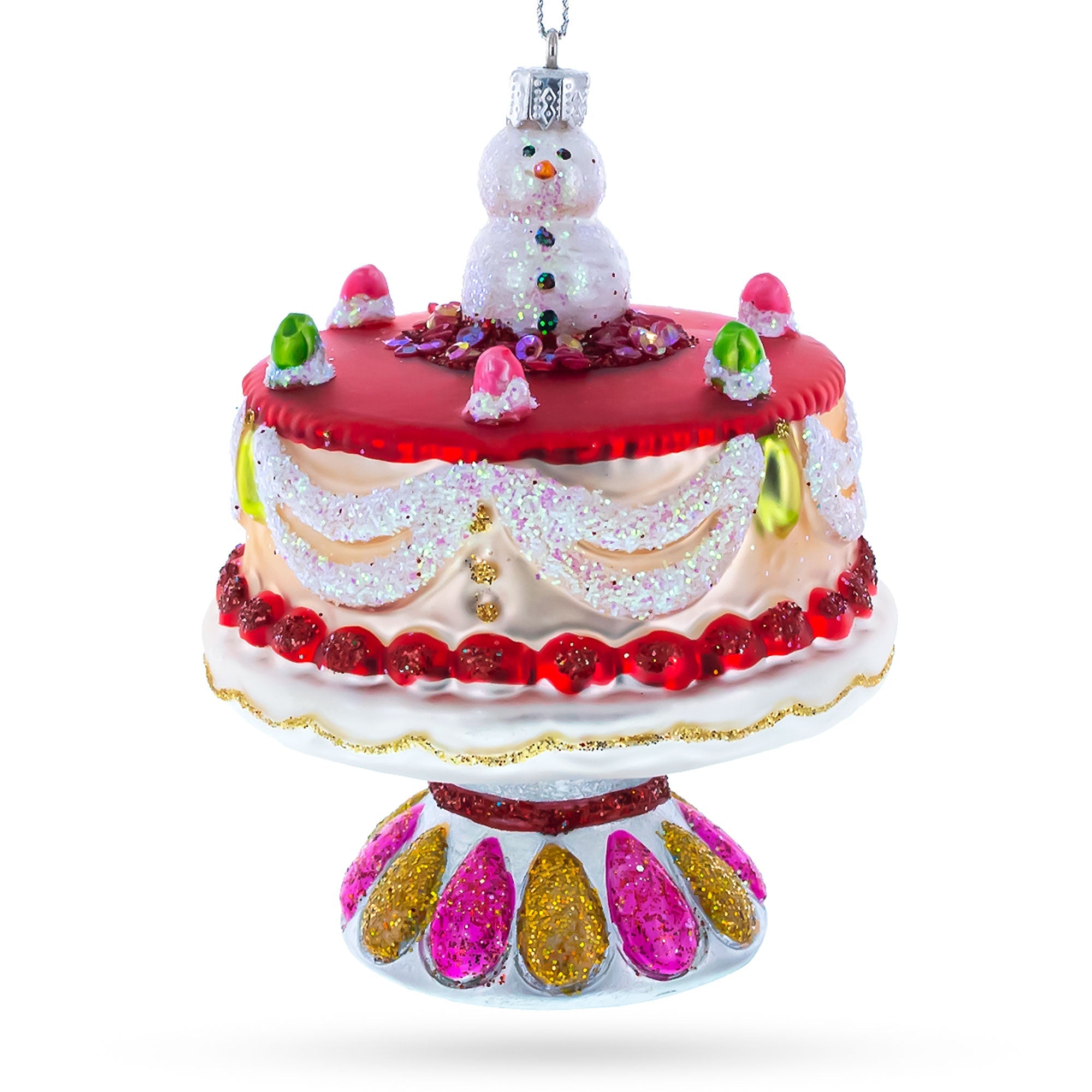 Delightful Snowman Cake Decoration - Blown Glass Christmas Ornament