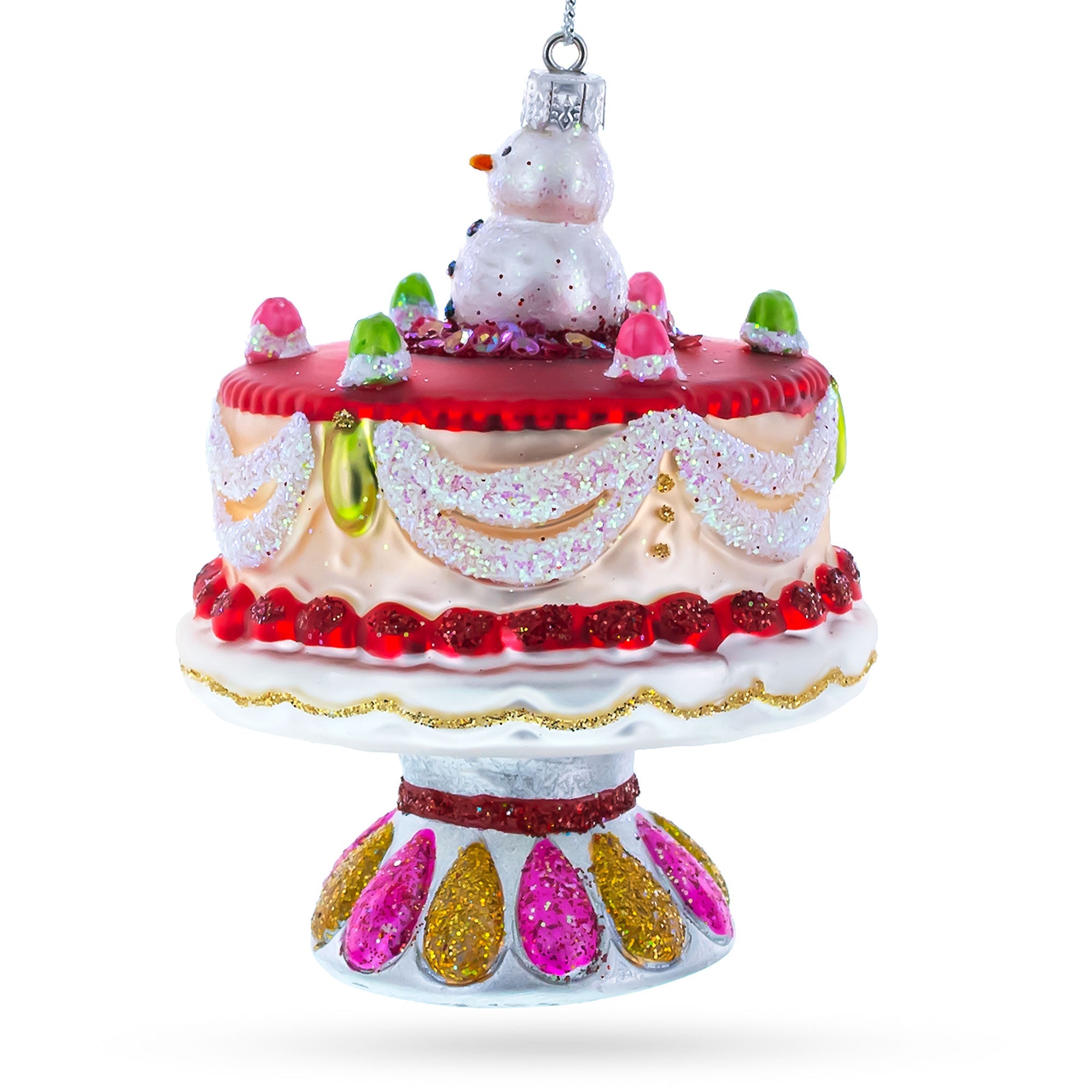 Delightful Snowman Cake Decoration - Blown Glass Christmas Ornament