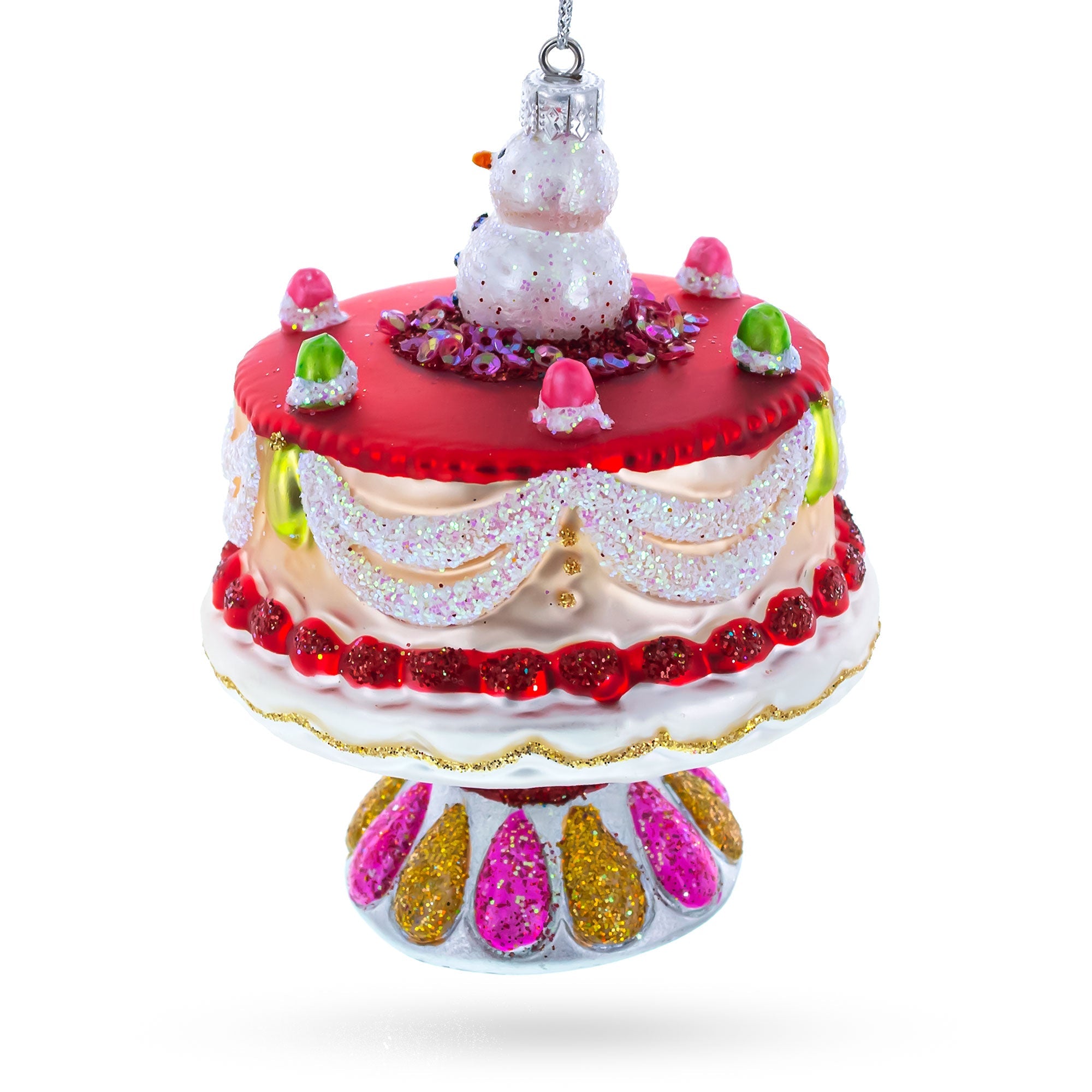 Delightful Snowman Cake Decoration - Blown Glass Christmas Ornament