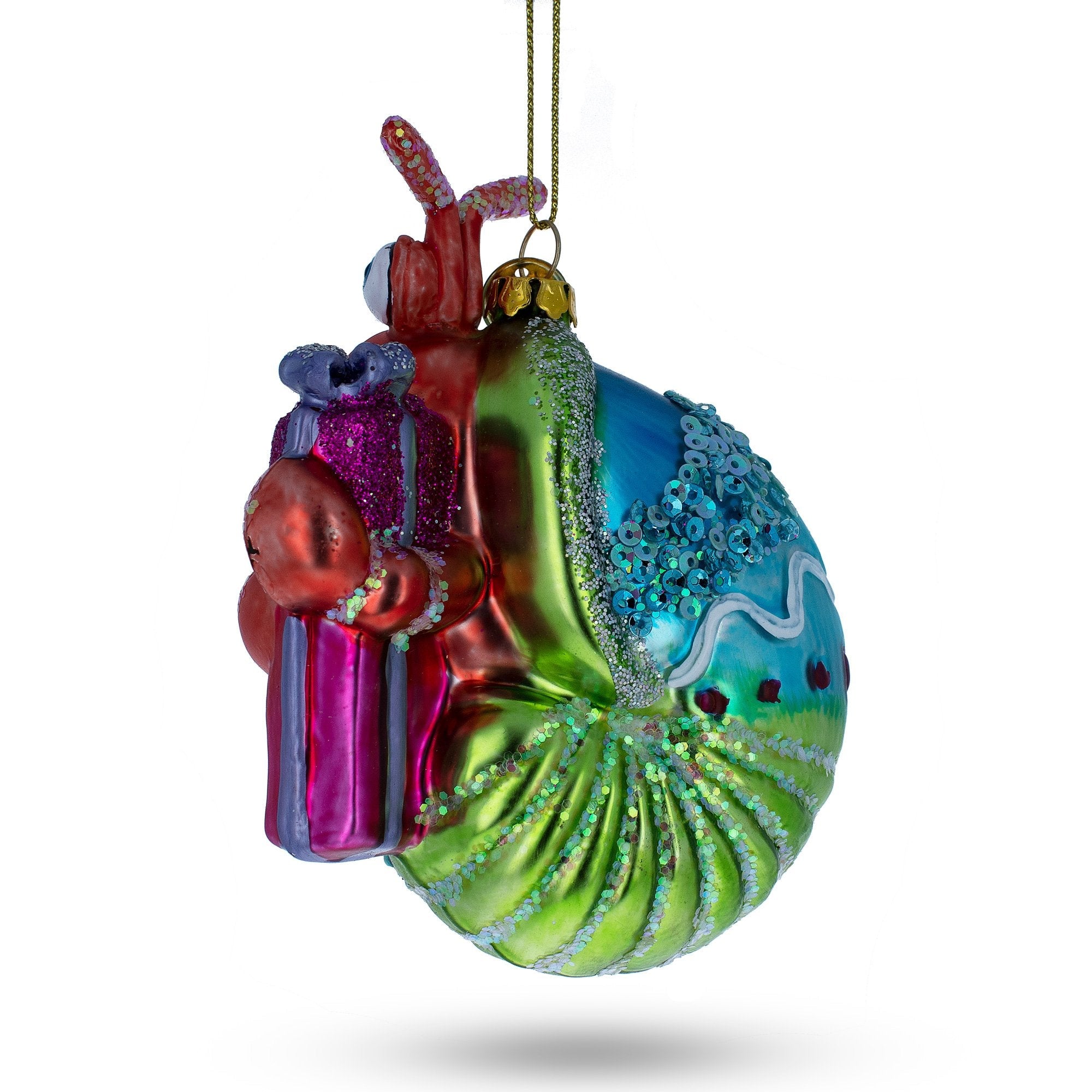 Cheerful Shrimp With Gifts - Blown Glass Christmas Ornament