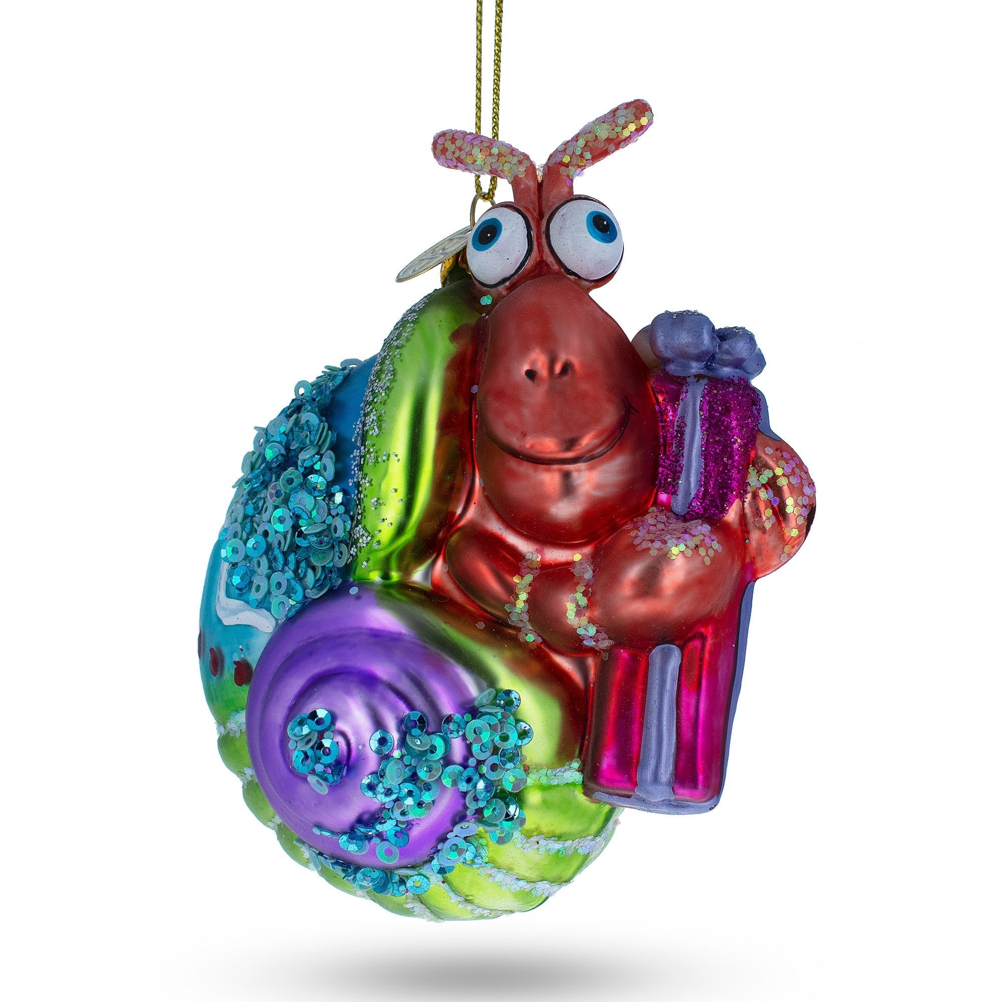 Cheerful Shrimp With Gifts - Blown Glass Christmas Ornament