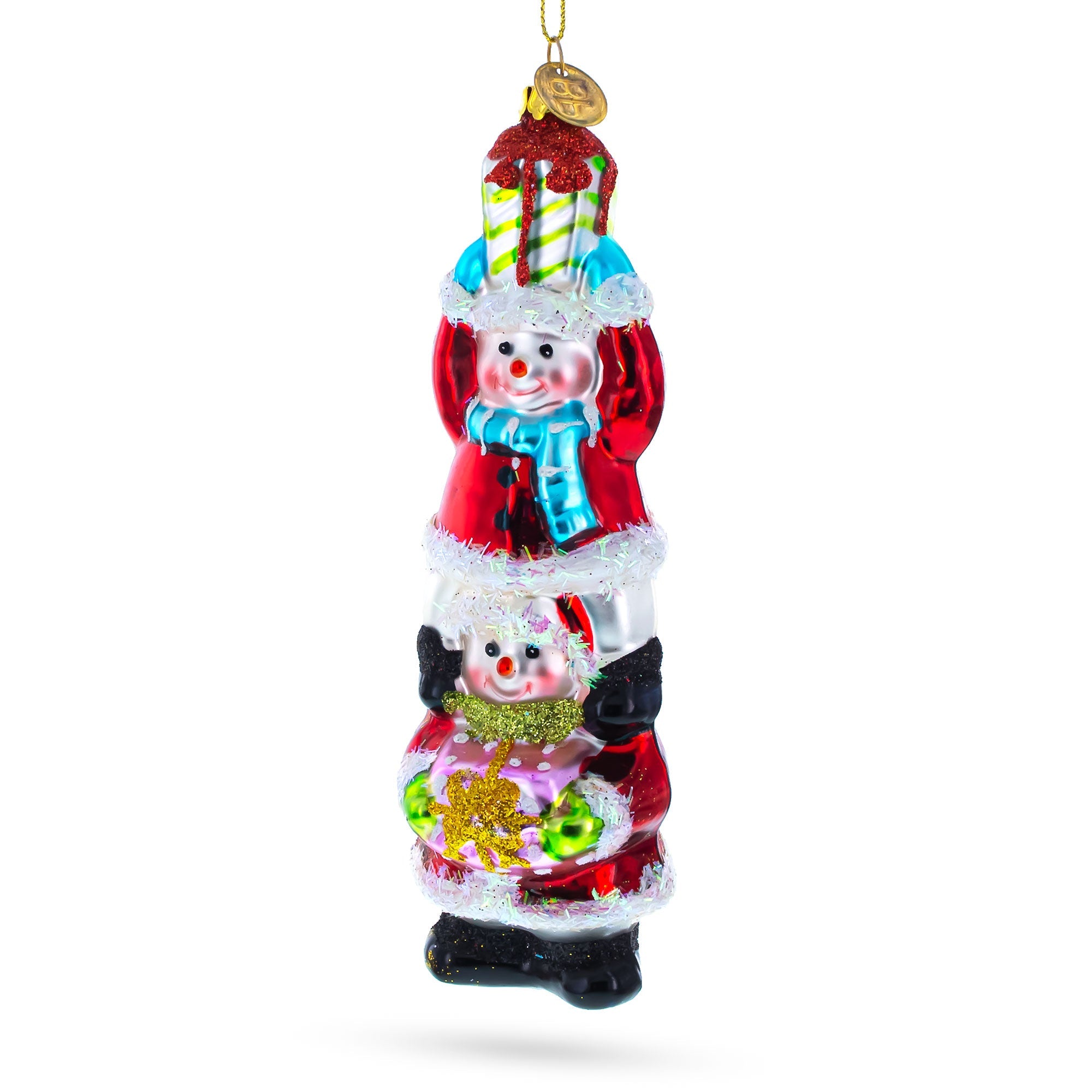 Jolly Snowmen Friends Sharing Gifts - Vibrant Blown Glass Christmas Ornament