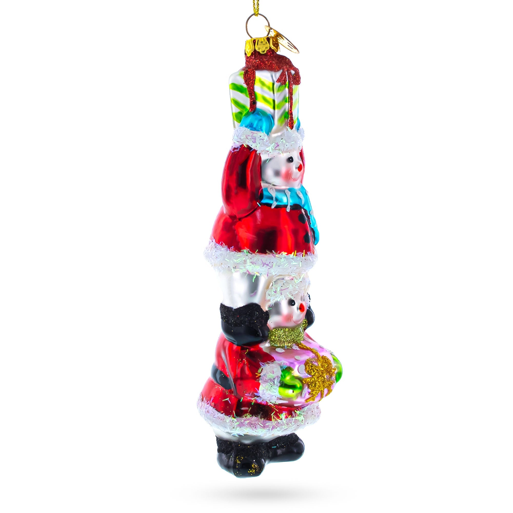 Jolly Snowmen Friends Sharing Gifts - Vibrant Blown Glass Christmas Ornament