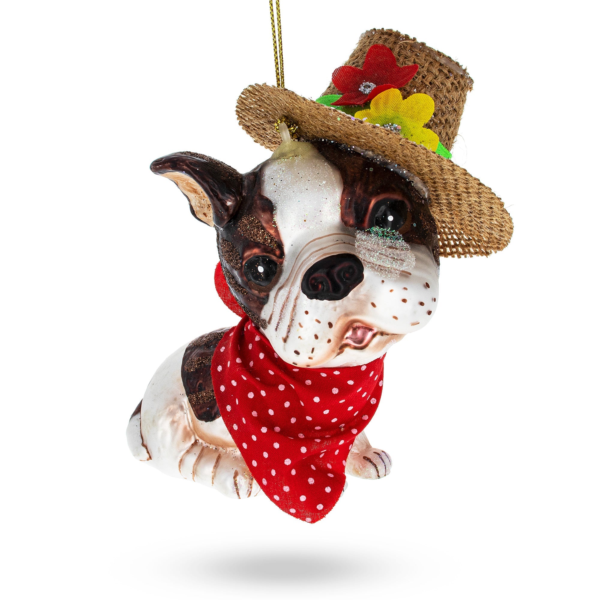 Dapper Boston Terrier In Hat - Blown Glass Christmas Ornament