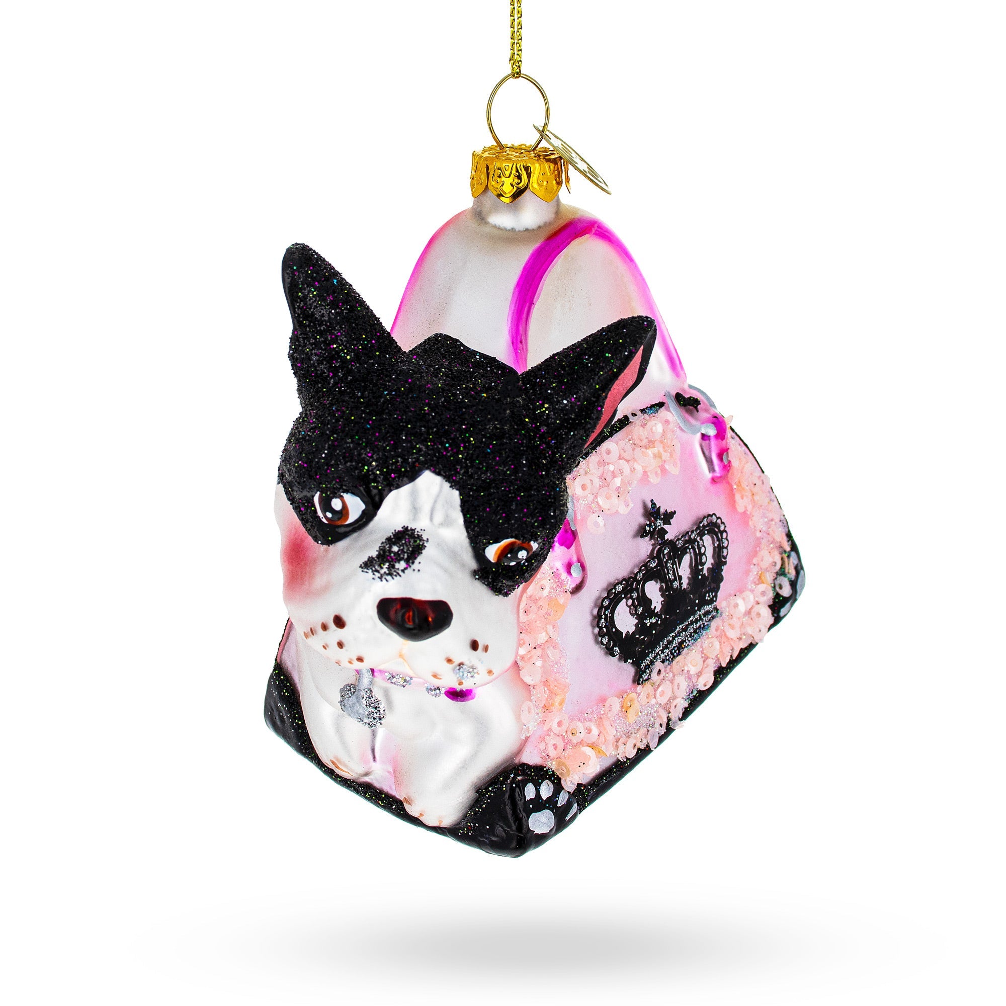 Boston Terrier In Pink Handbag - Blown Glass Christmas Ornament