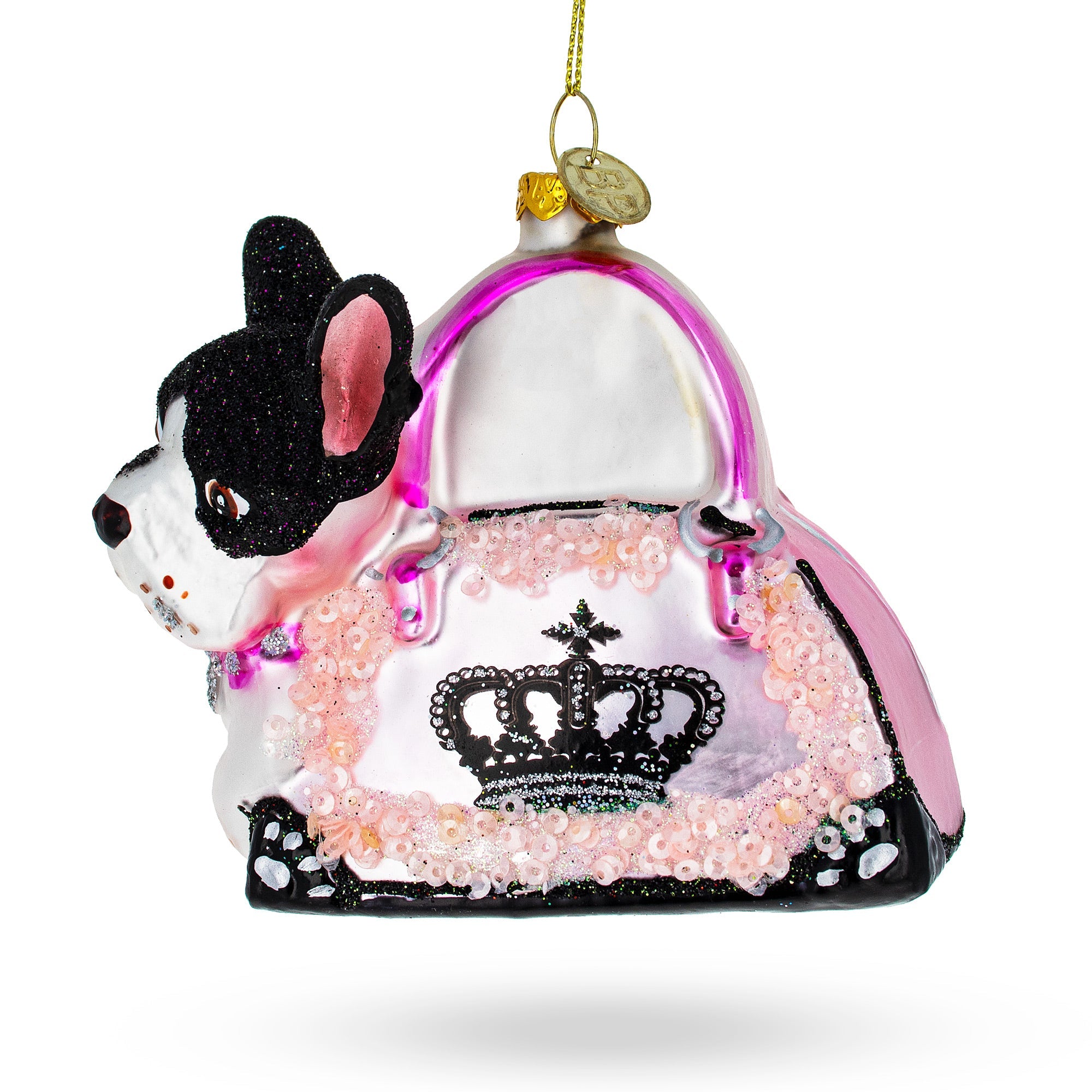 Boston Terrier In Pink Handbag - Blown Glass Christmas Ornament