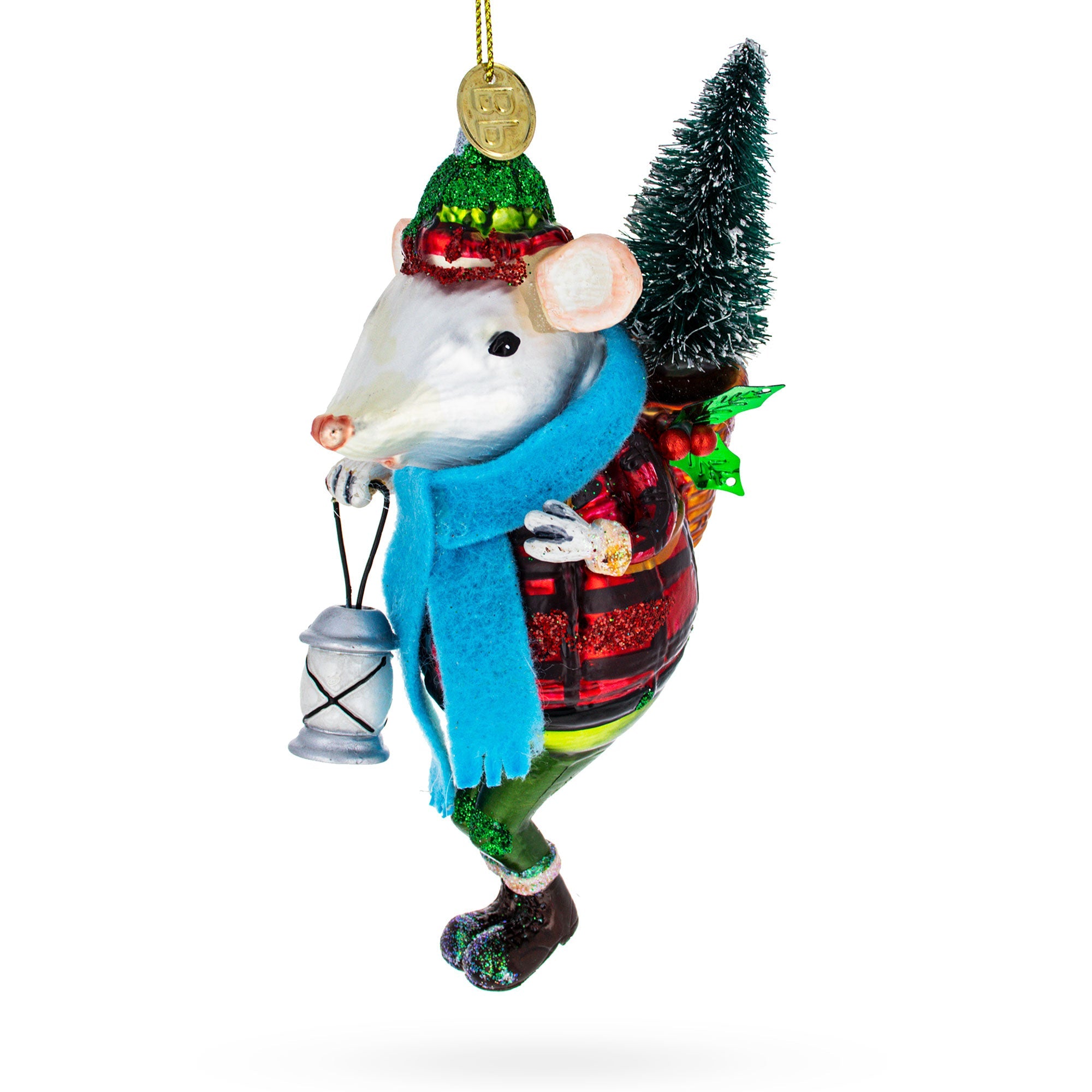 Whimsical Mouse Carrying Lantern - Blown Glass Christmas Ornament