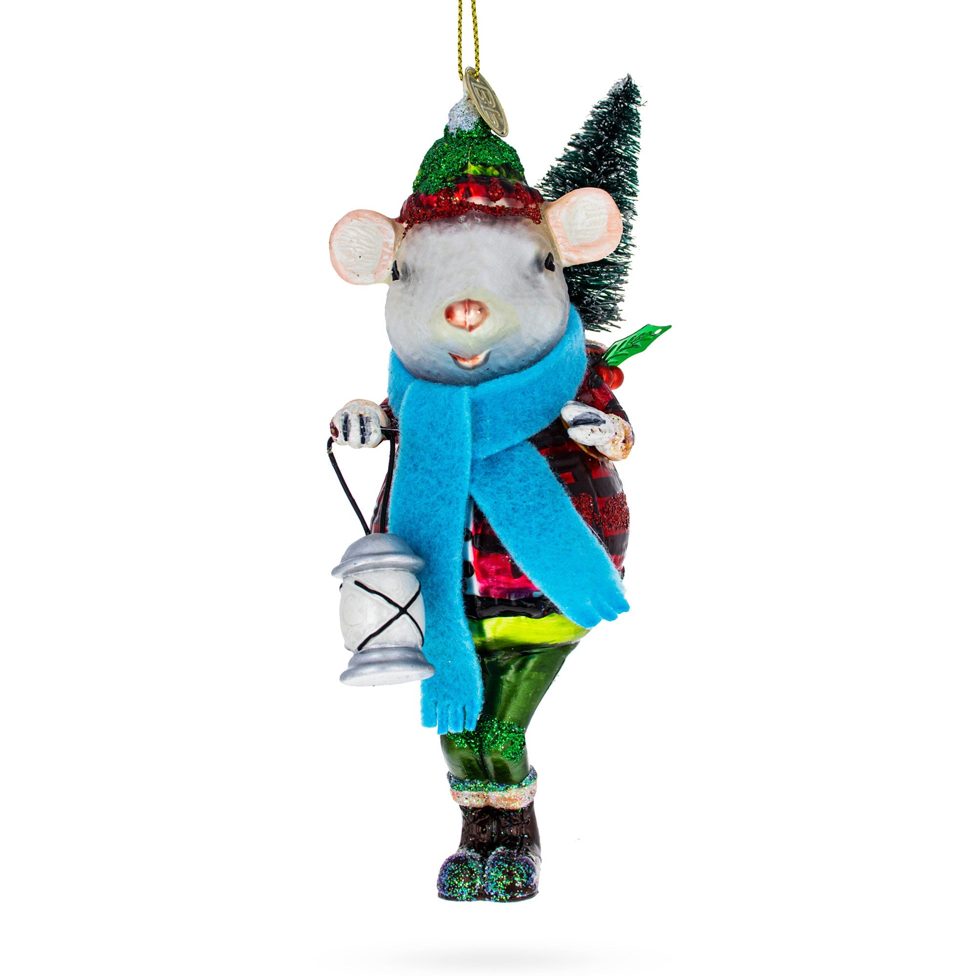 Whimsical Mouse Carrying Lantern - Blown Glass Christmas Ornament