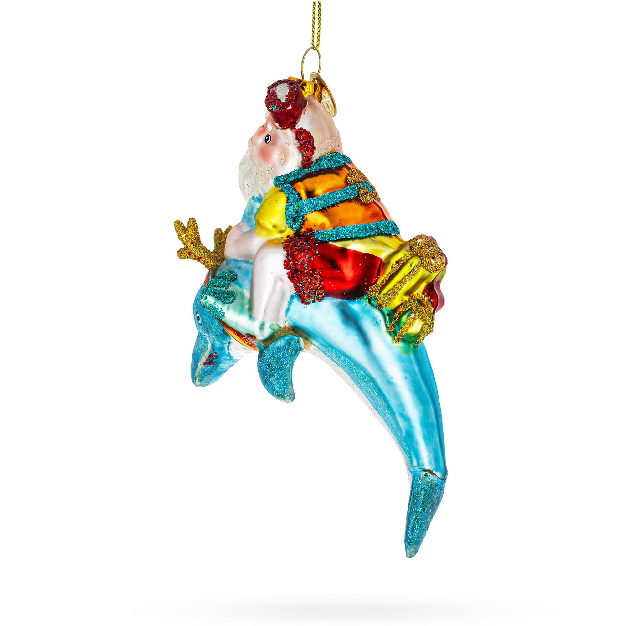 Santa Diver Riding Dolphin - Blown Glass Christmas Ornament