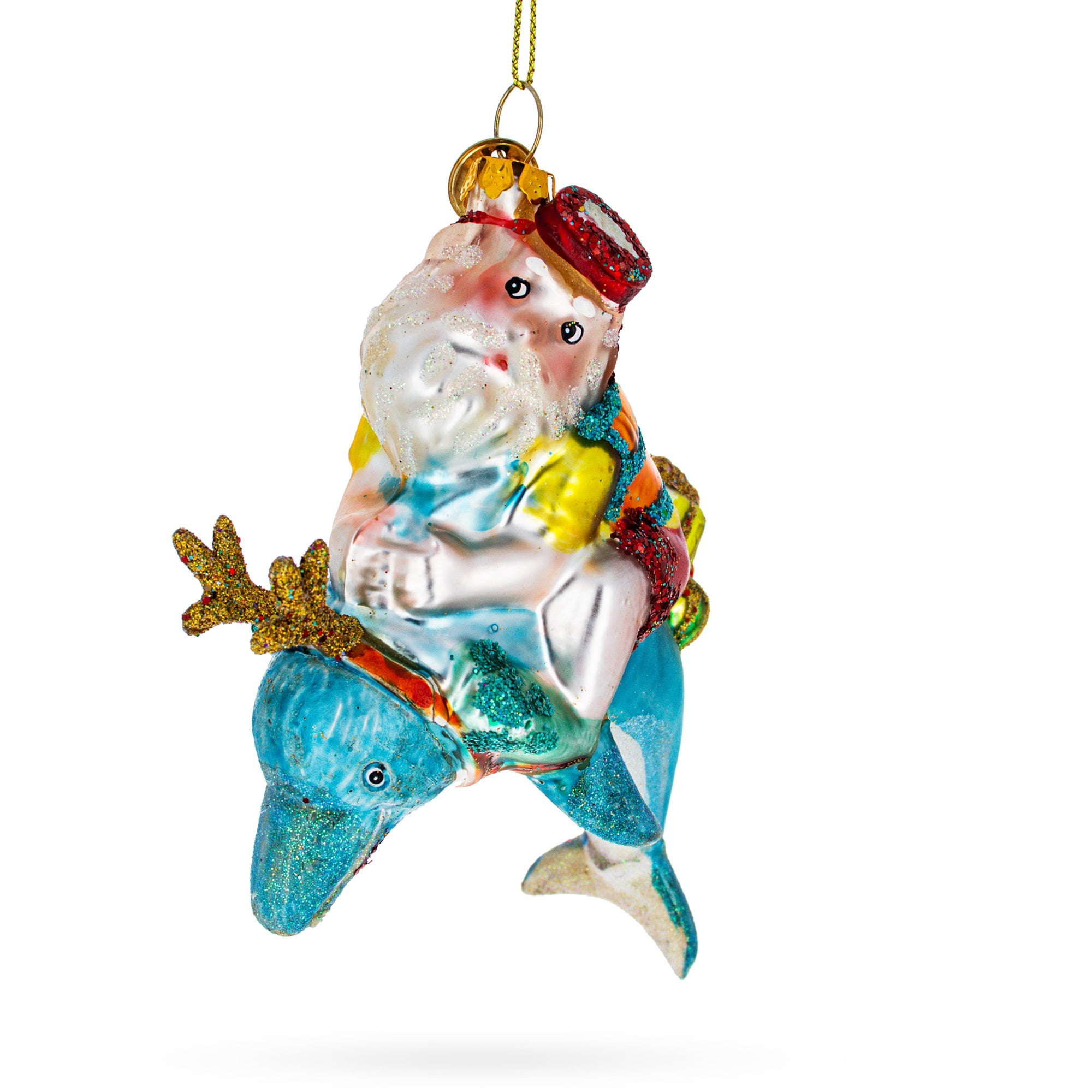 Santa Diver Riding Dolphin - Blown Glass Christmas Ornament