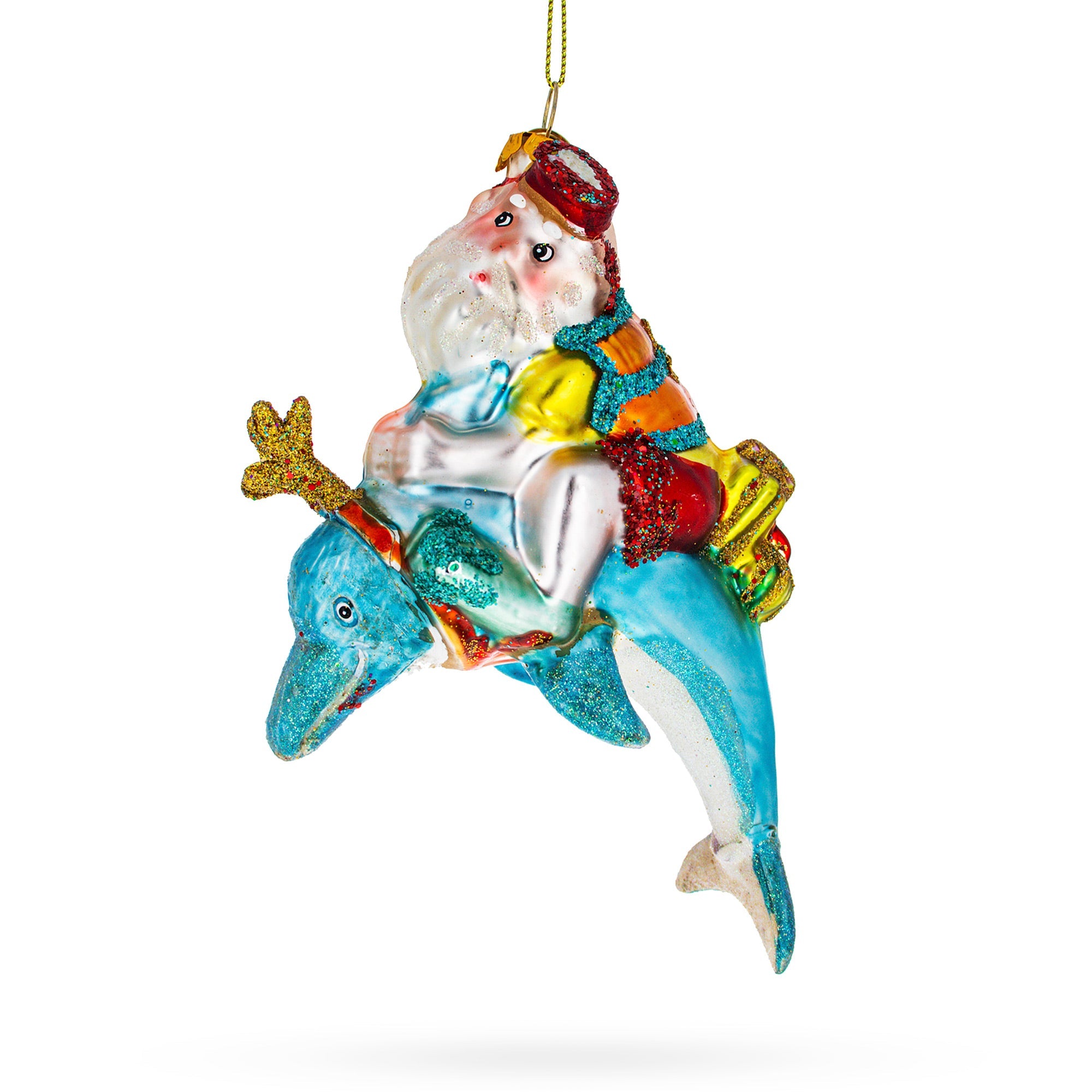 Santa Diver Riding Dolphin - Blown Glass Christmas Ornament