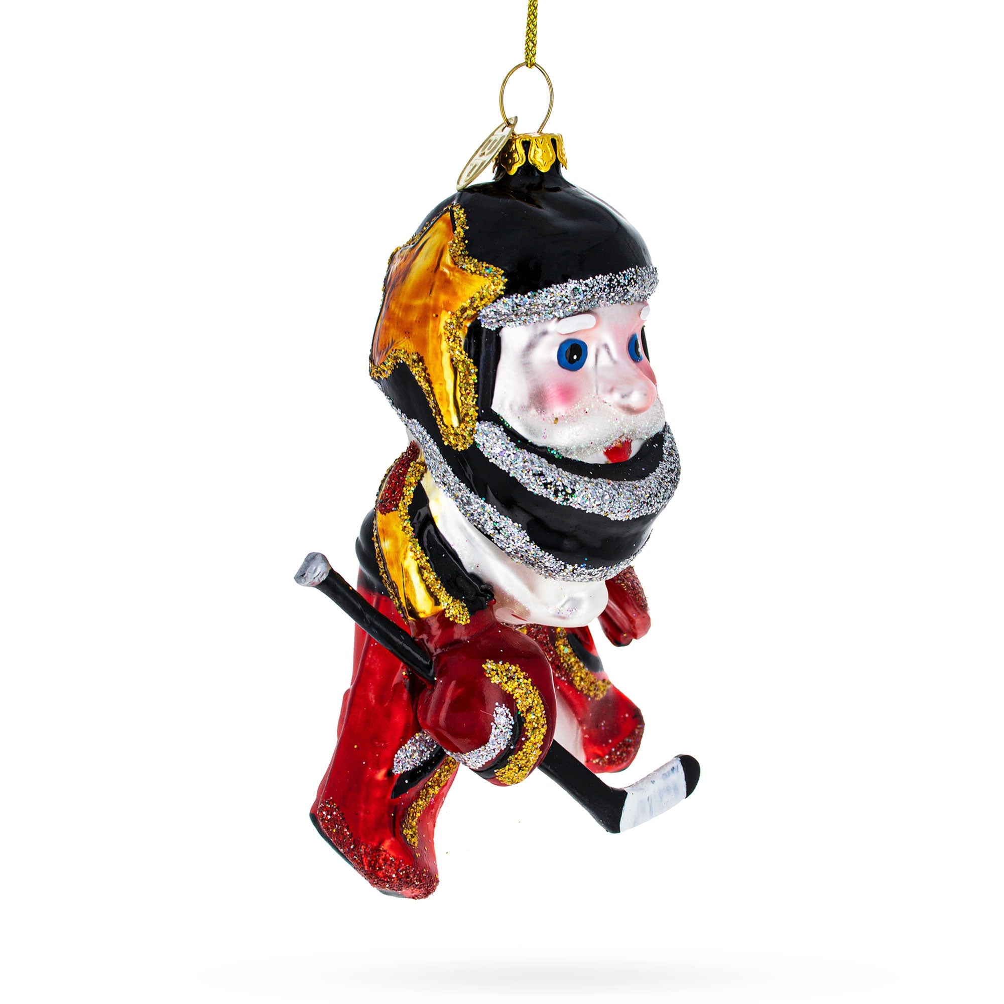 Sporty Santa Playing Ice Hockey - Blown Glass Christmas Ornament