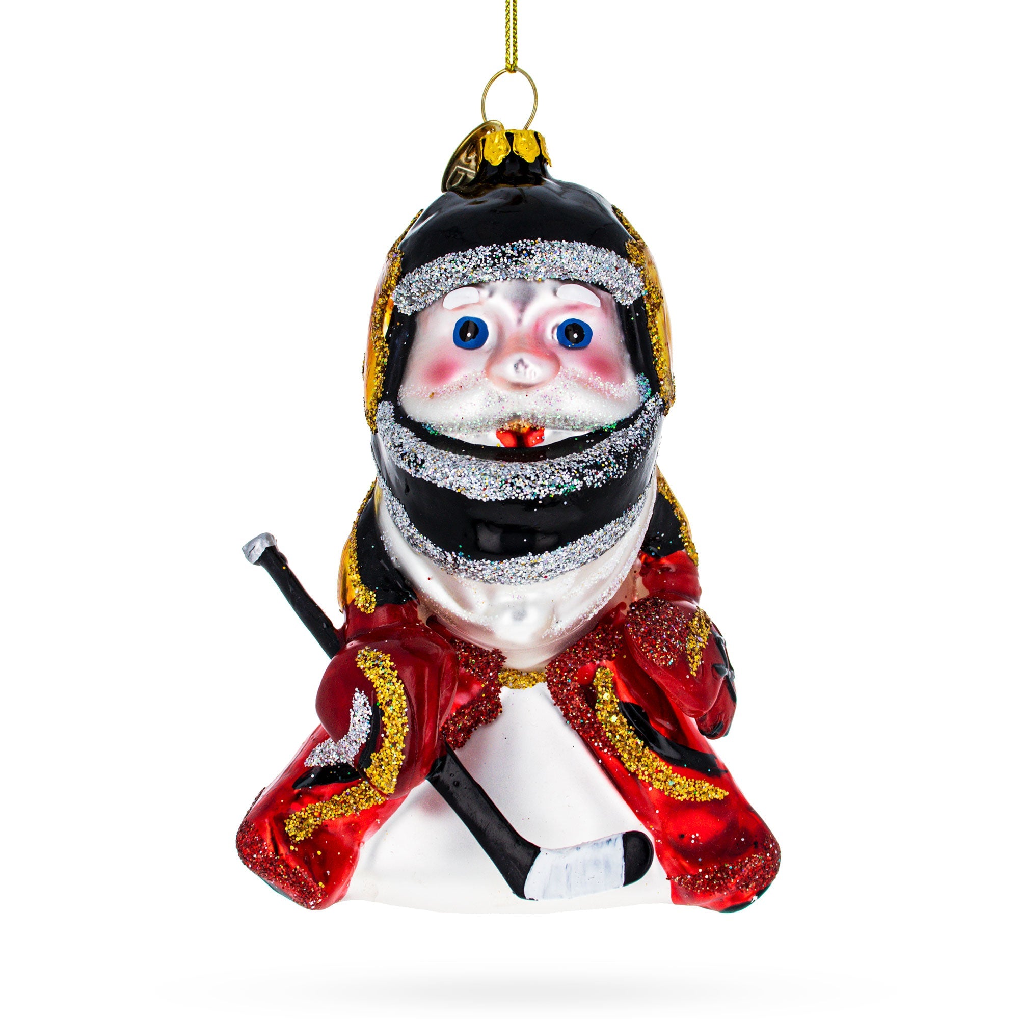 Sporty Santa Playing Ice Hockey - Blown Glass Christmas Ornament